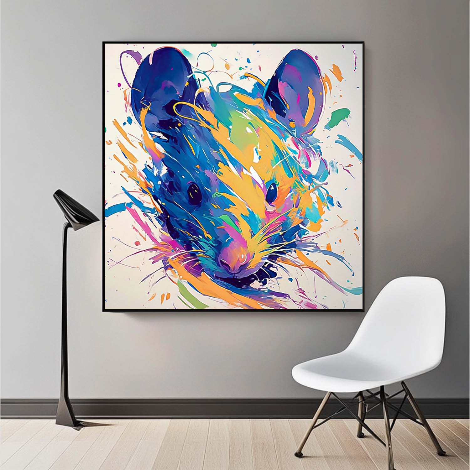 Original Lovely Rat Wall Art Square Mouse Oil Painting Canvas Large Colorful Animal Artwork Home Decor