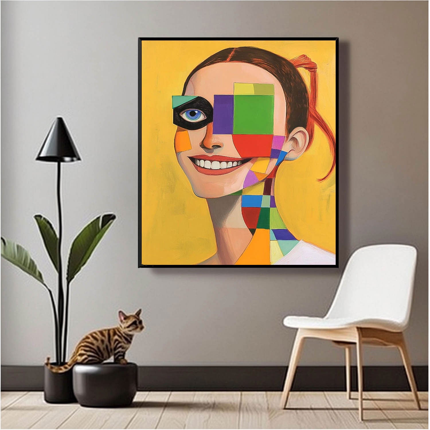 Original Texture Girl Wall Art Abstract Geometric Face Oil Painting On Canvas Lady Contemporary Artwork
