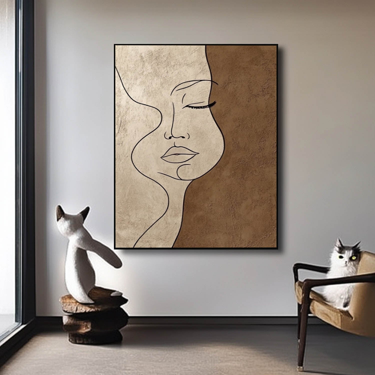 Brown Original Figure Acrylic Painting Large Women Face Abstract Wall Art Portrait Artwork Home Decor