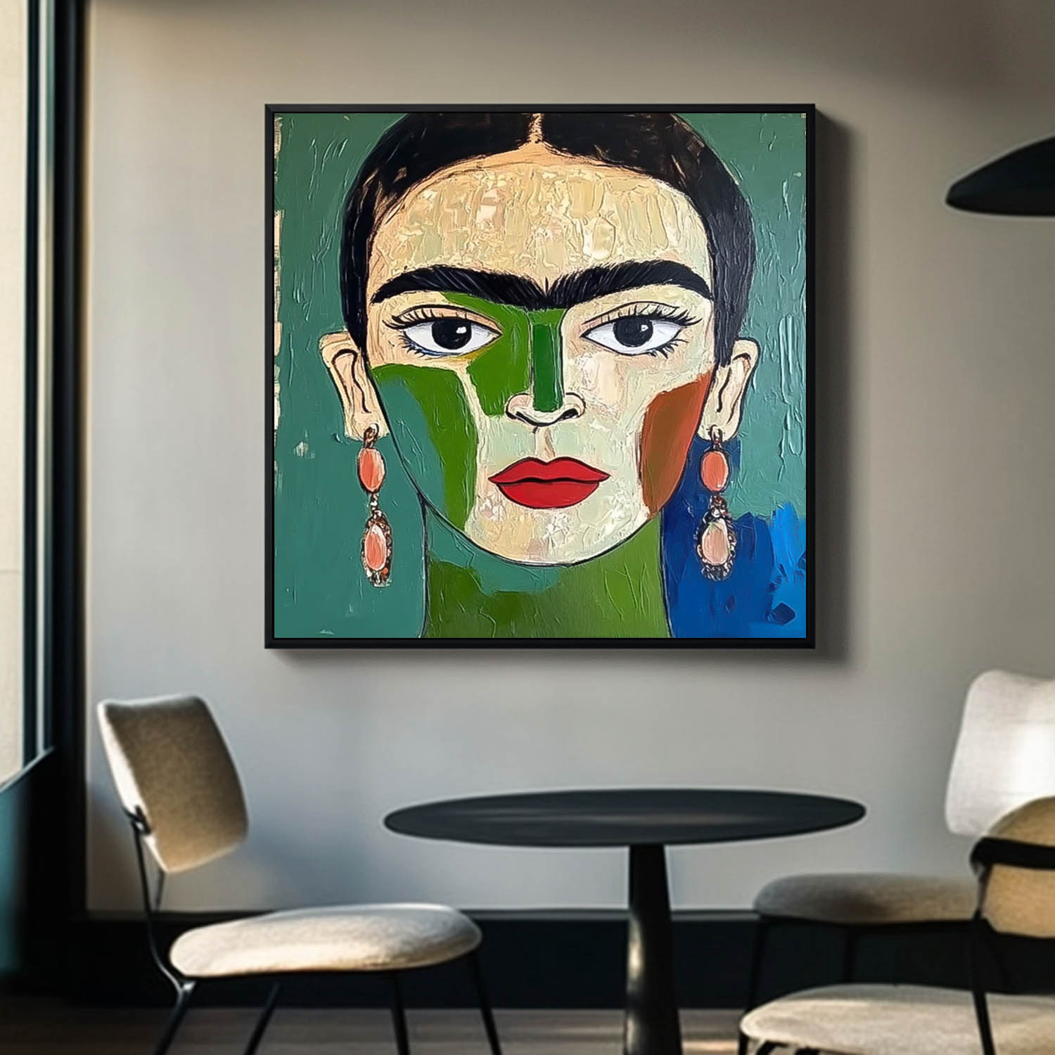 Origina Figure Acrylic Painting Canvas Green Face Abstract Wall Art Square Large Portrait Artwork