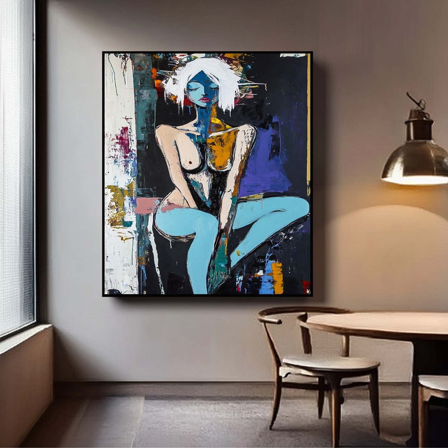 Large Girl Portrait Painting Abstract Lady Painting Woman Artwork Original Dark Style Wall Art Framed