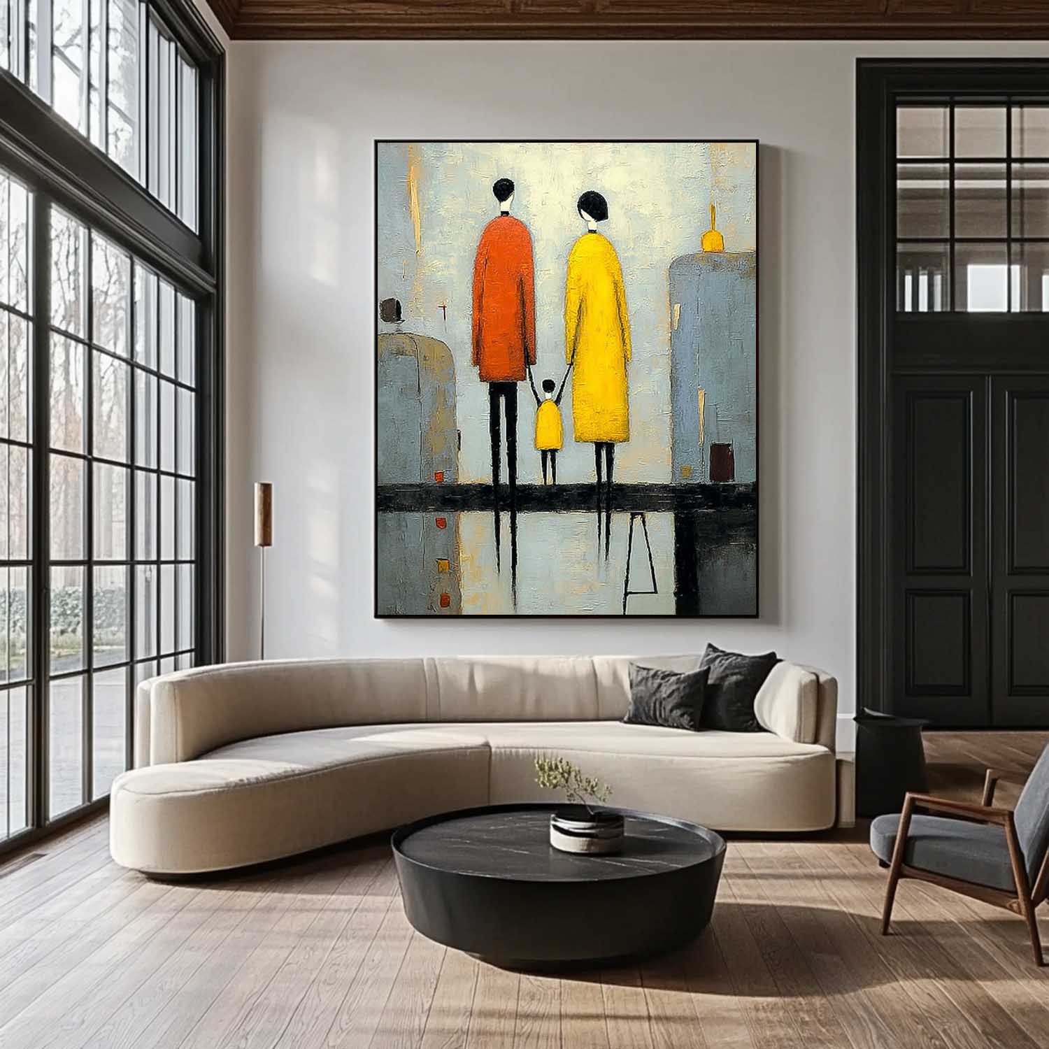 Minimalist Family Wall Art Original Neutral Background Oil Painting Modern City Silhouette Home Decor