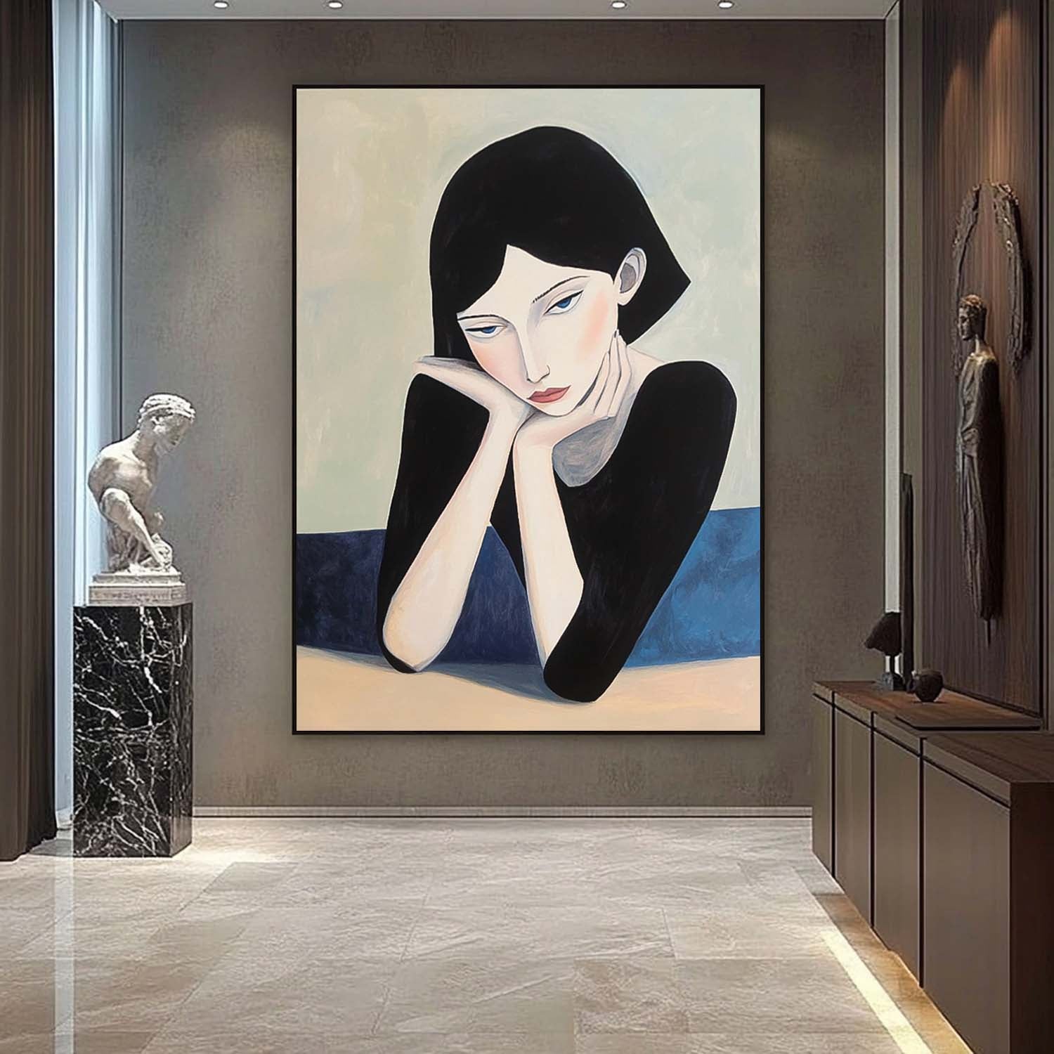 Original Texture Short Hair Woman Wall Art Abstract Figure Oil Painting On Canvas Portrait Modern Artwork