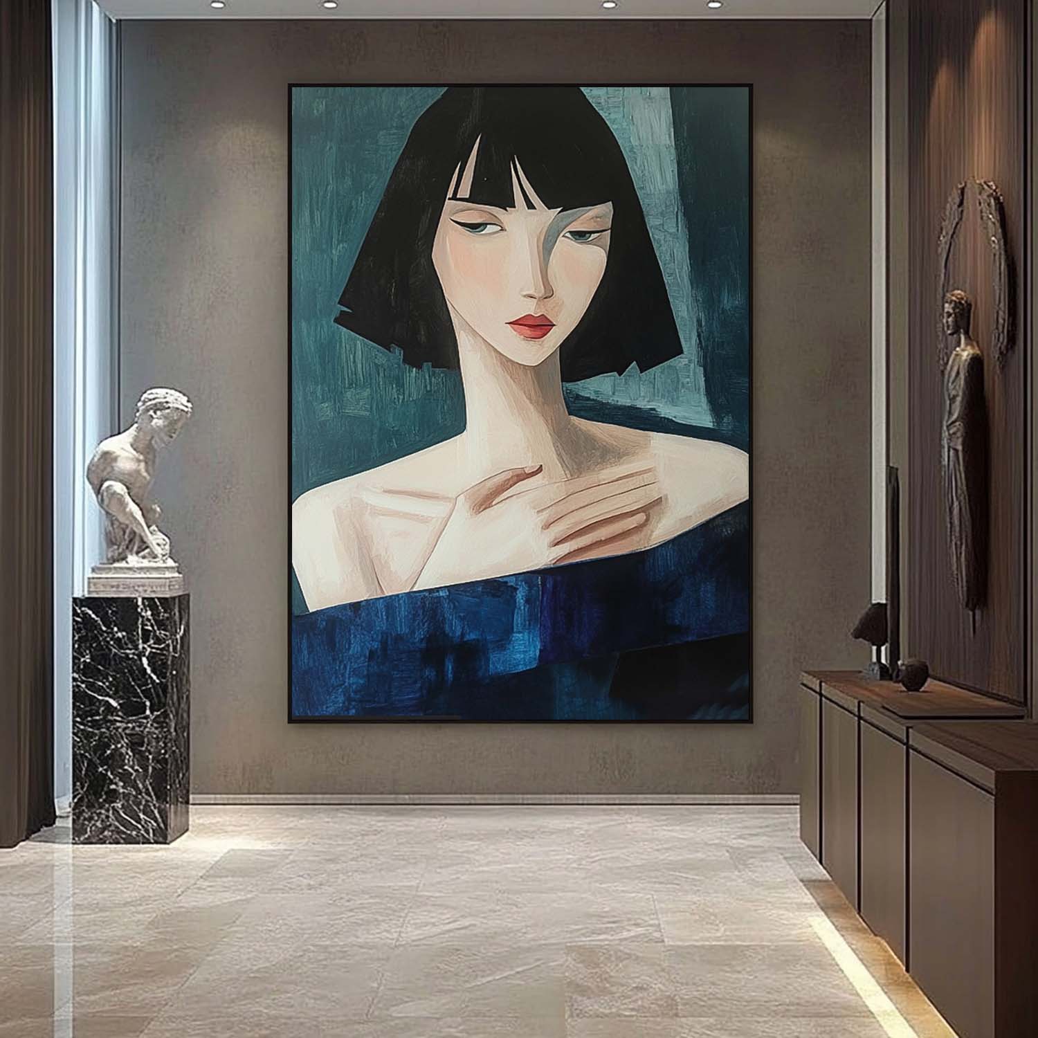 Abstract Figure Oil Painting On Canvas Original Texture Short Hair Woman Wall Art Portrait Modern Artwork