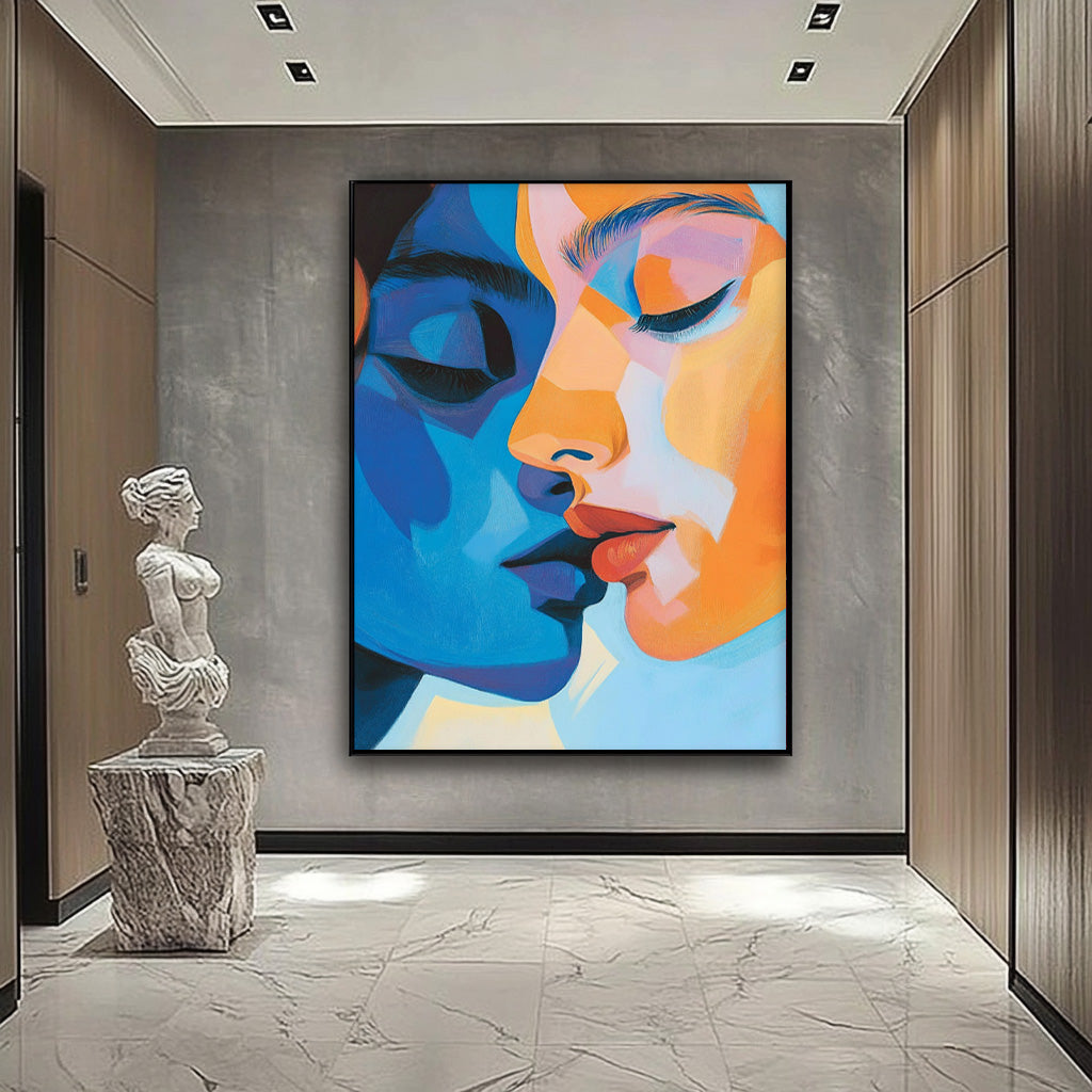 Figure Abstract Painting Two persons Face Wall Art  Lady Oil Painting On Canvas Framed For Living Room