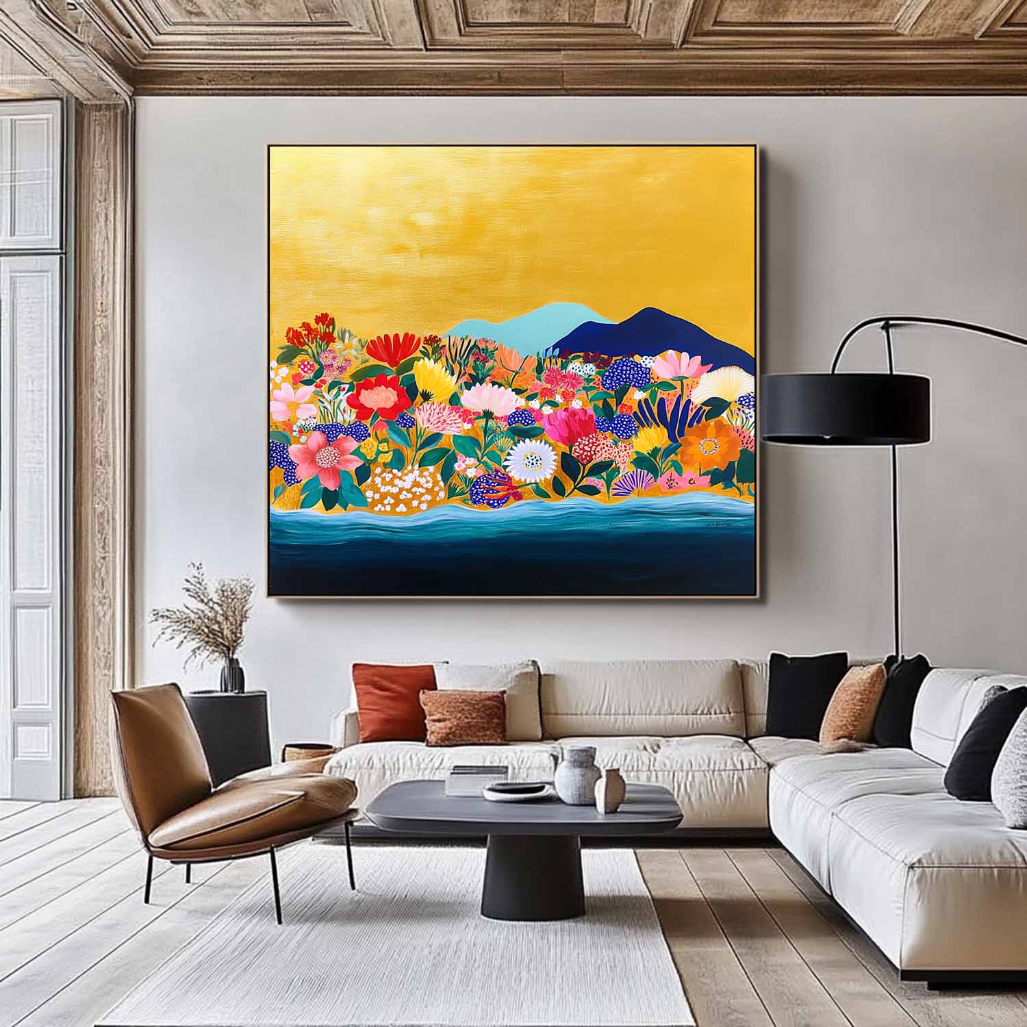 Original Flower Bush Botanical Square Artwork Floral Painting on Canvas Large Illustration style Wall Art