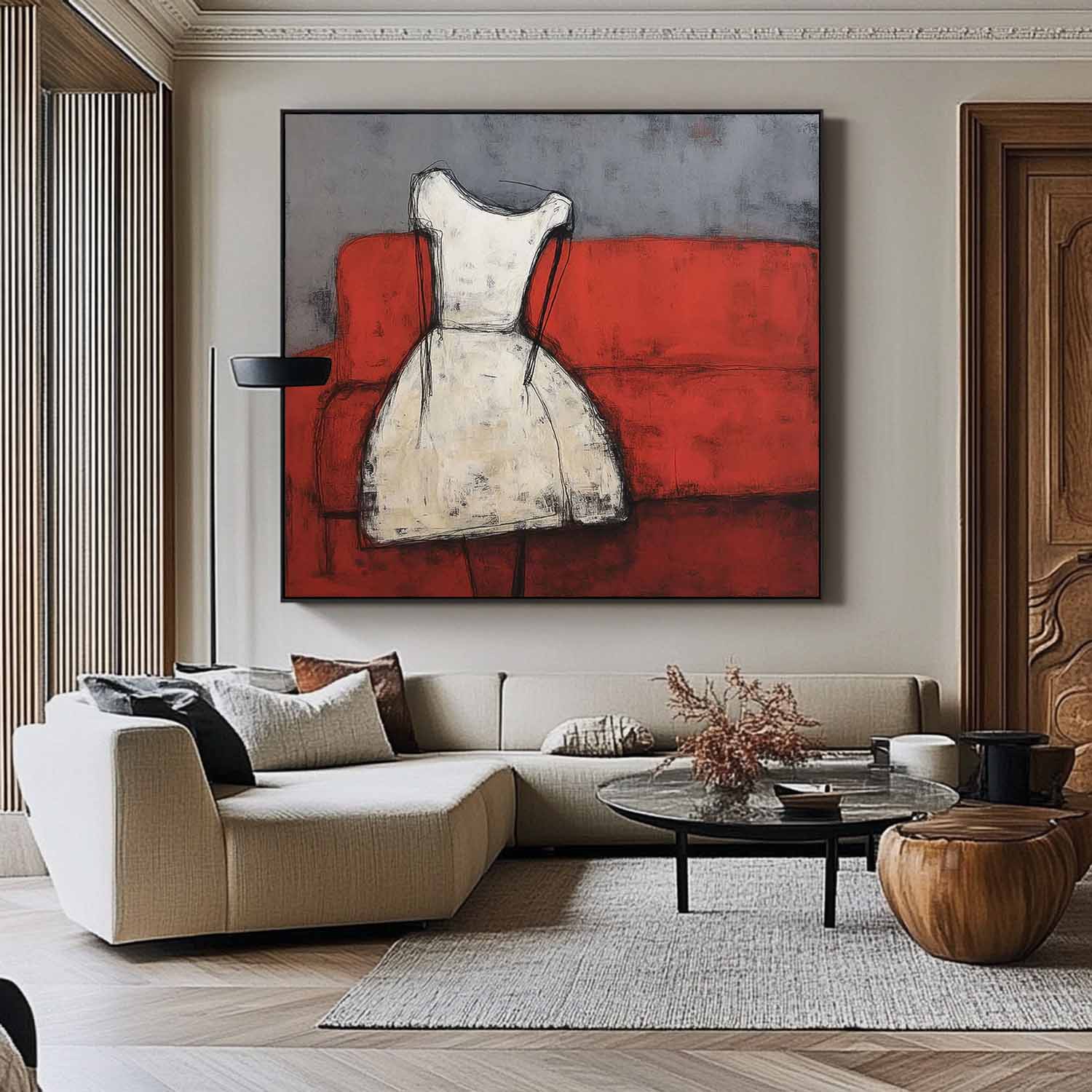 Abstract White Vintage Dress Oil Painting Original Minimalist Artwork Large Wall Art For Living Room