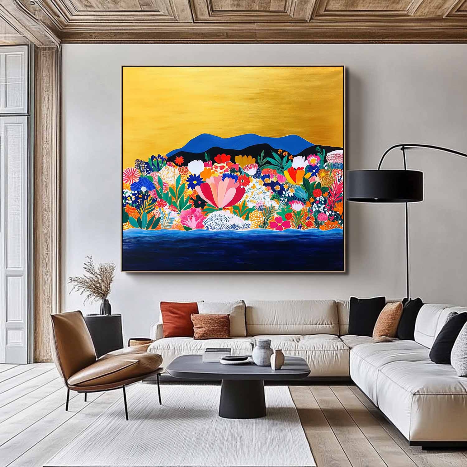 Floral Painting on Canvas Original Flower Bush Botanical Square Artwork Large Illustration style Wall Art
