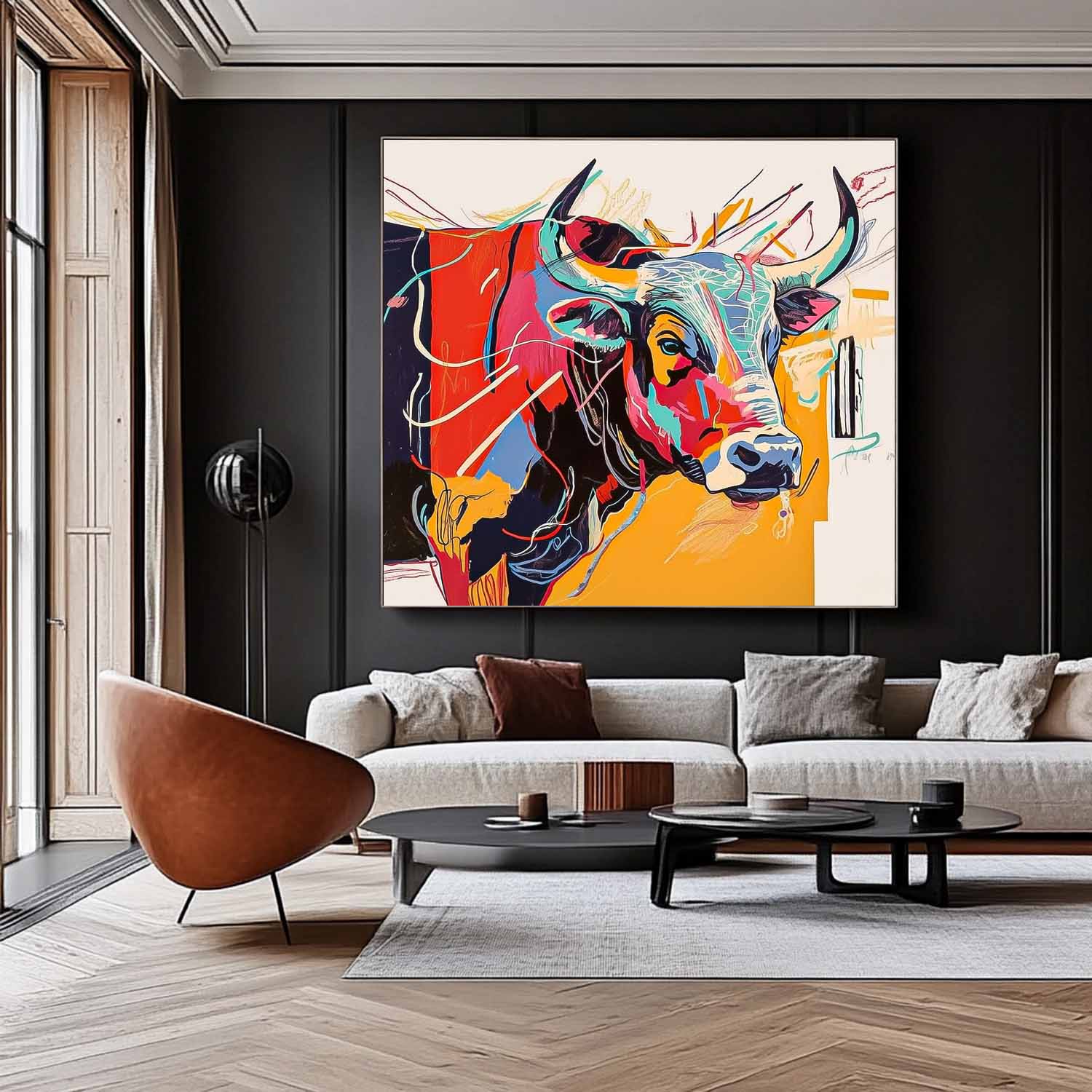Large Colorful Animal Artwork Home Decor Square Ox Oil Painting Canvas Original Lovely Cow Wall Art