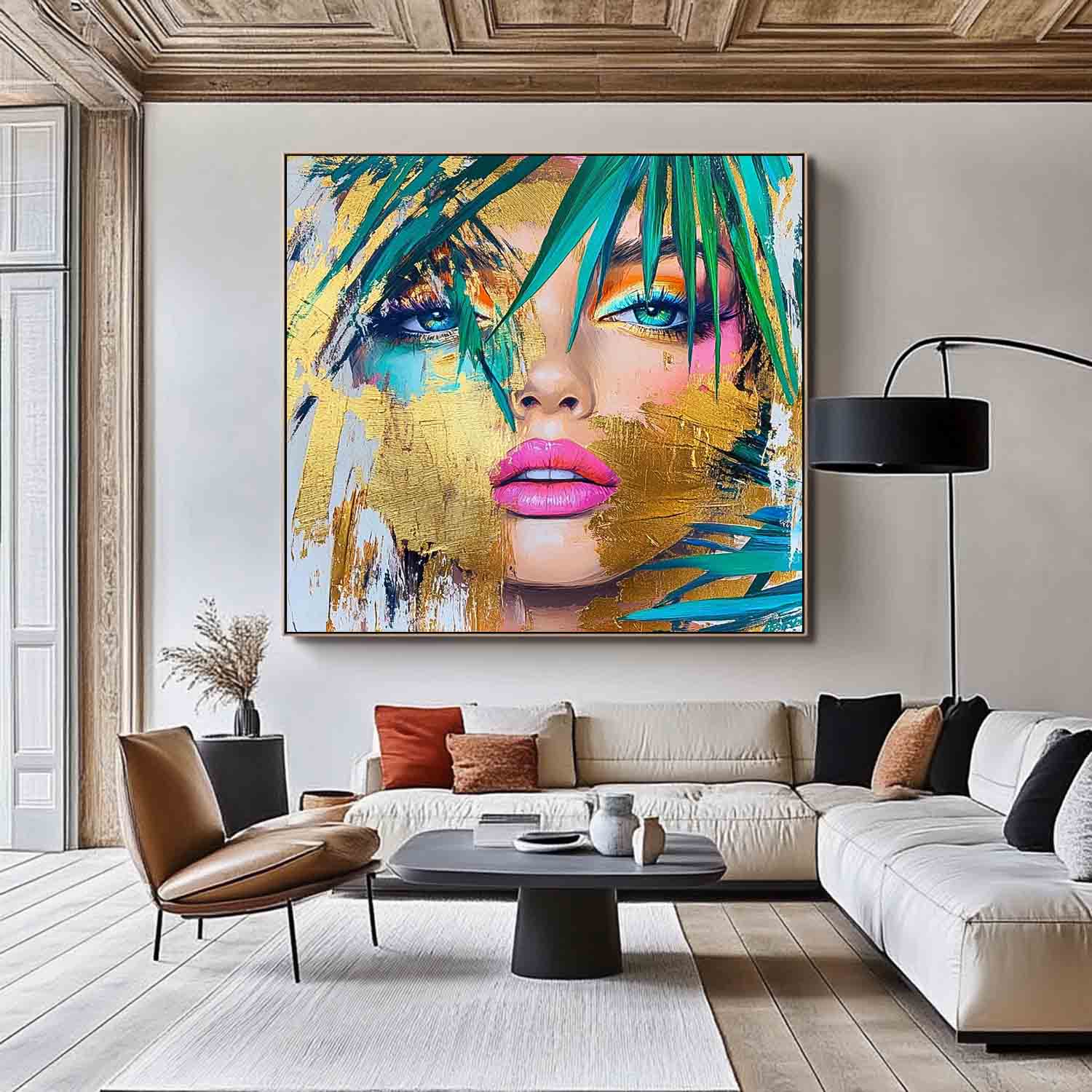 Origina Lady Face Acrylic Painting Canvas Gold Girl Abstract Wall Art Square Large Portrait Artwork