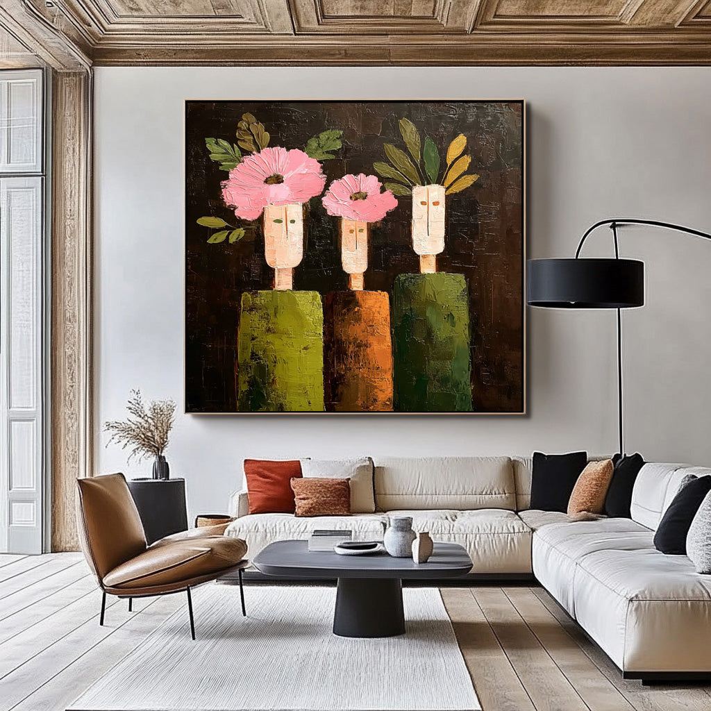 Modern Pink Flowers & Geometric Green Figures Contemporary Wall Art Abstract Floral Oil Painting Canvas