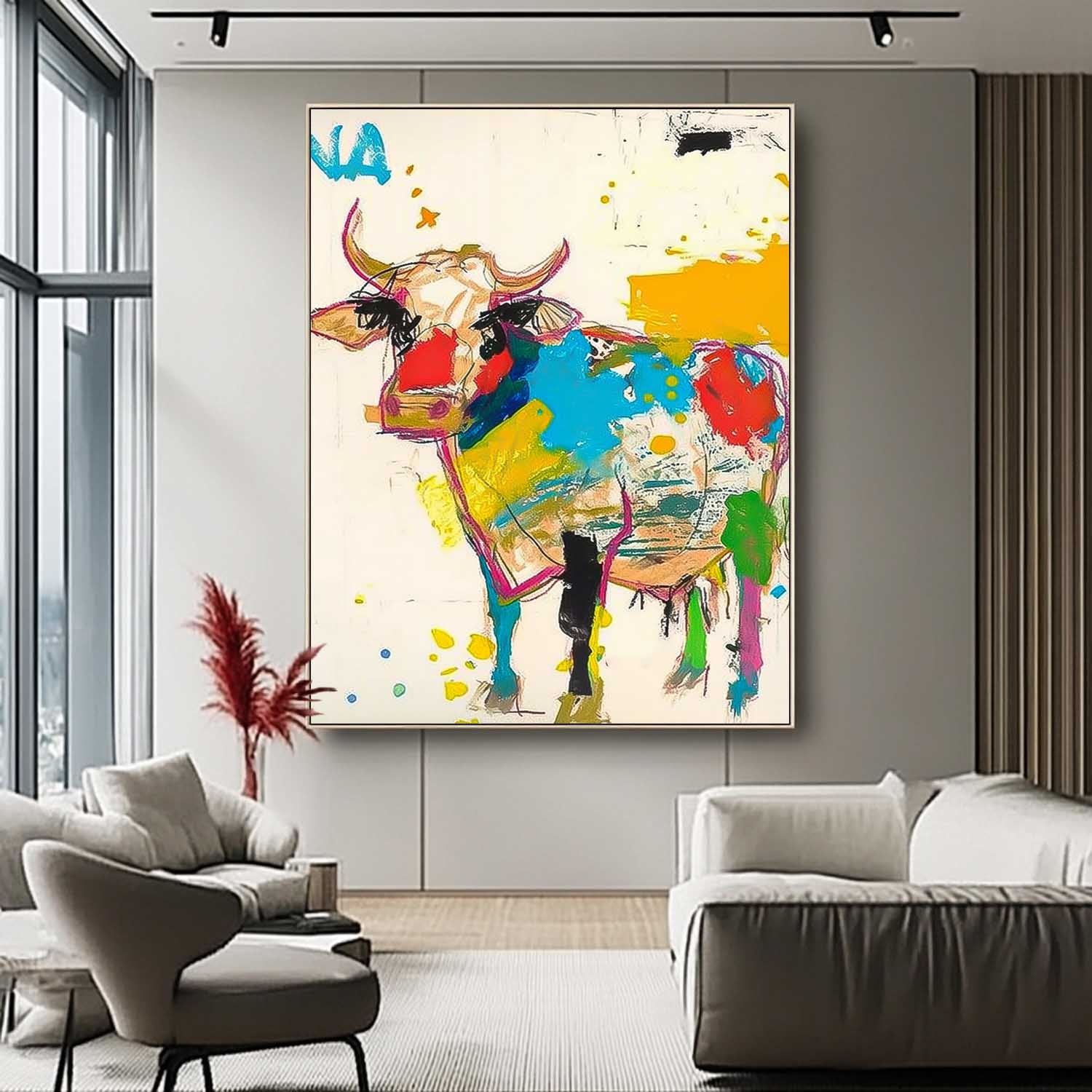 Large Acrylic Painting  Modern Colorful Cow Abstract Wall Art Minimalism Ox Animal Oil Painting Home Decor