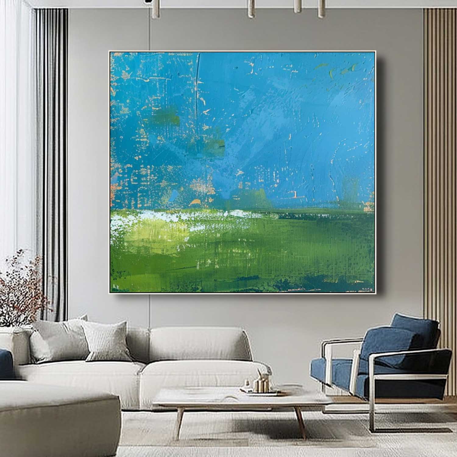 Blue And Green Large Abstract Oil Painting On Canvas Original Wall Art Modern Nature Art for Living Room