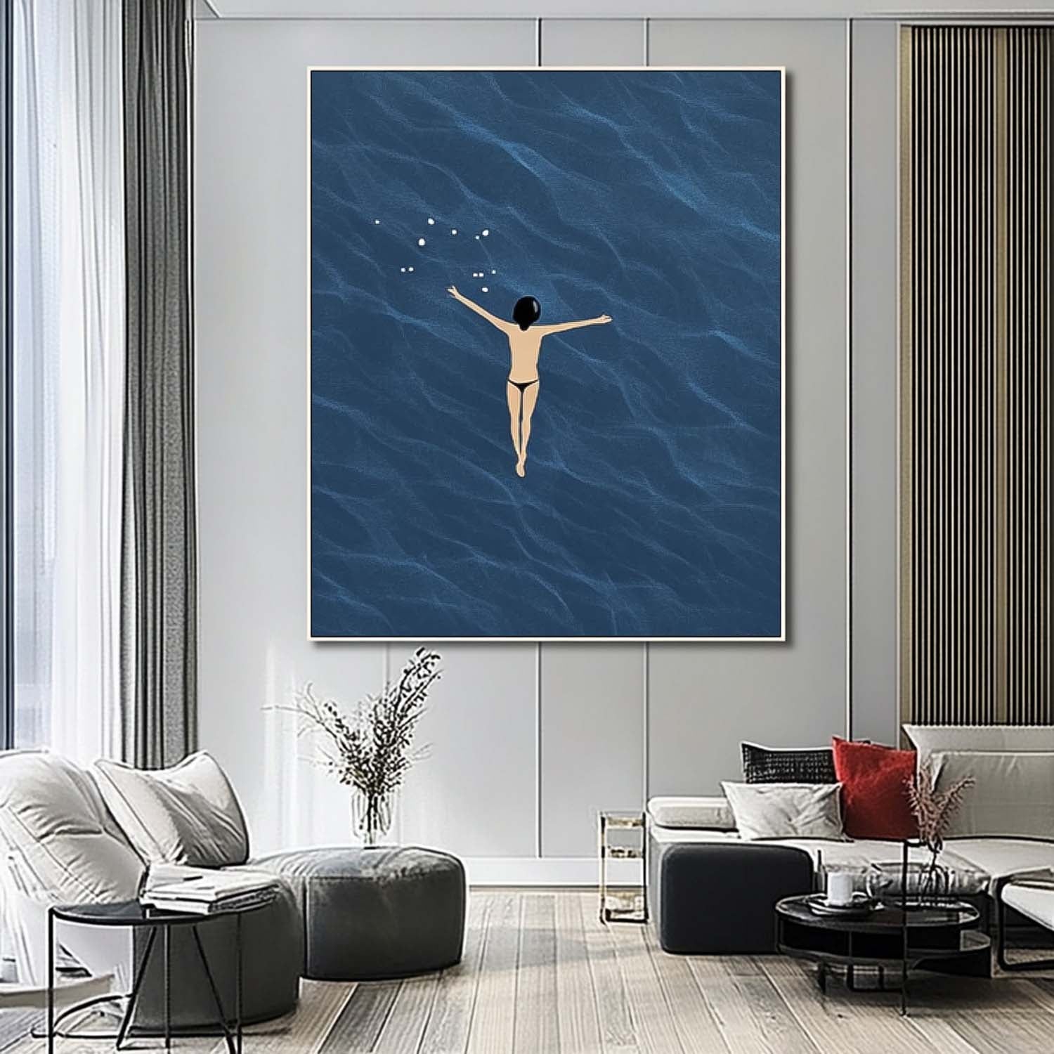 Large Sea Wall Art Original Abstract Beach Oil Painting On Canvas Texture Swimming Artwork Home Decor