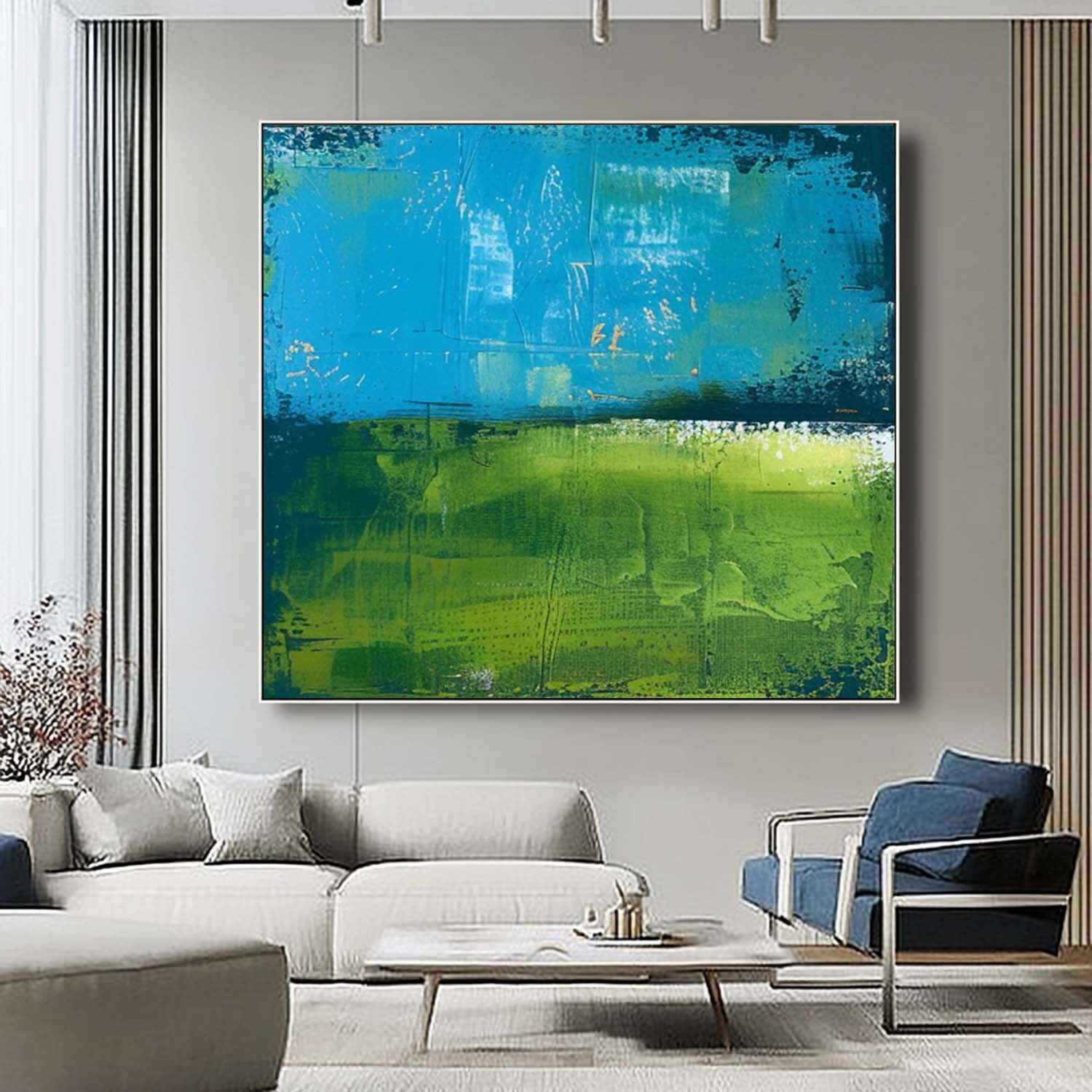 Original Wall Art  Blue And Green Large Abstract Oil Painting On Canvas Modern Nature Art for Living Room