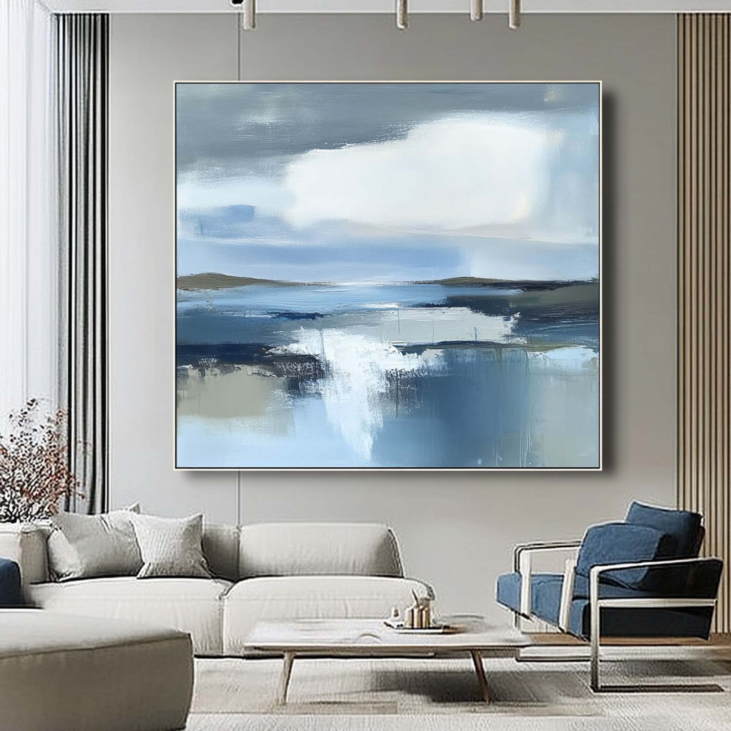 Blue Landscape Artwork Abstract Lake Landscape Oil Painting Large Blue Texture Wall Art Framed Home Decor