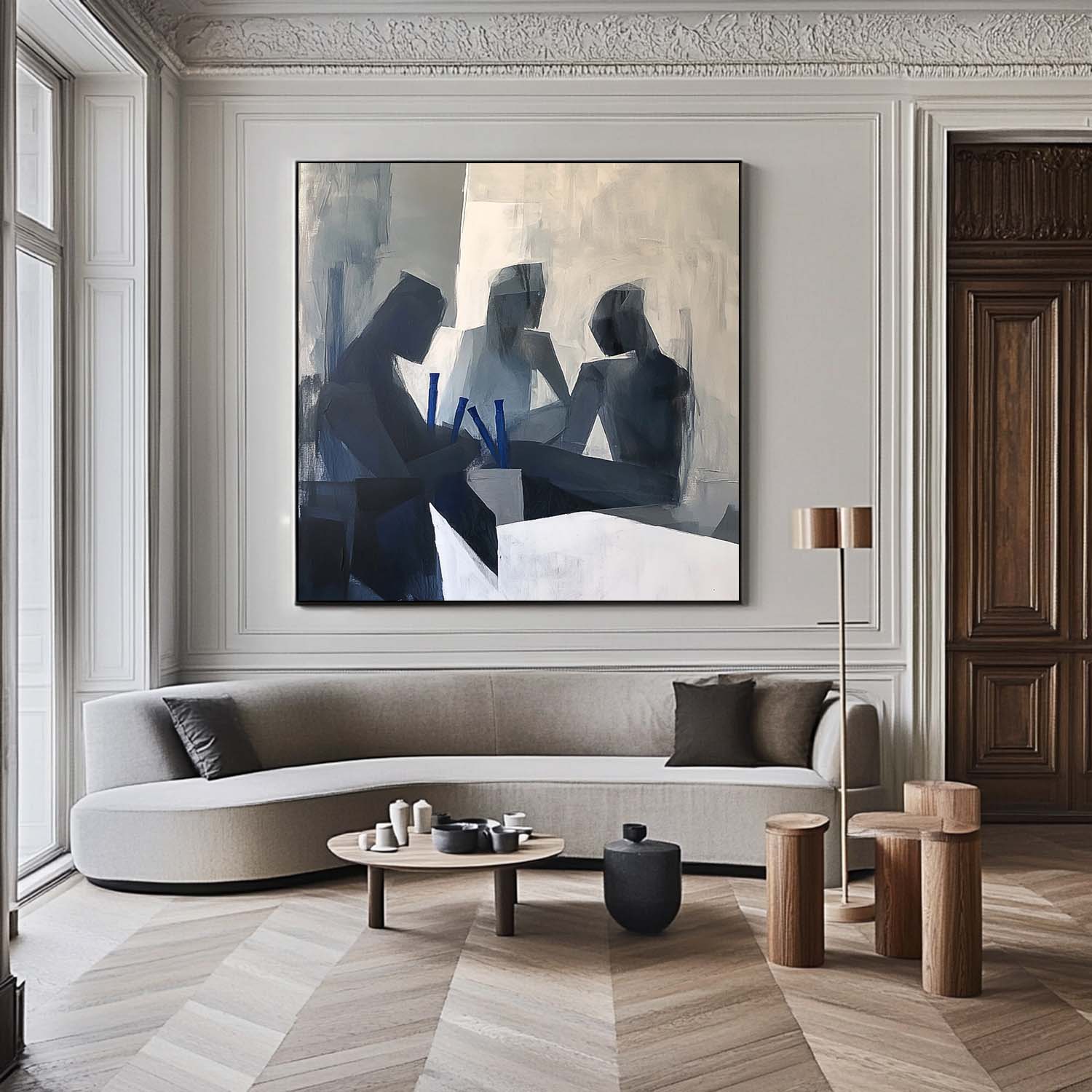 Original Grey Figure Acrylic Painting Canvas Abstract Wall Art Square Large Portrait Contour Artwork