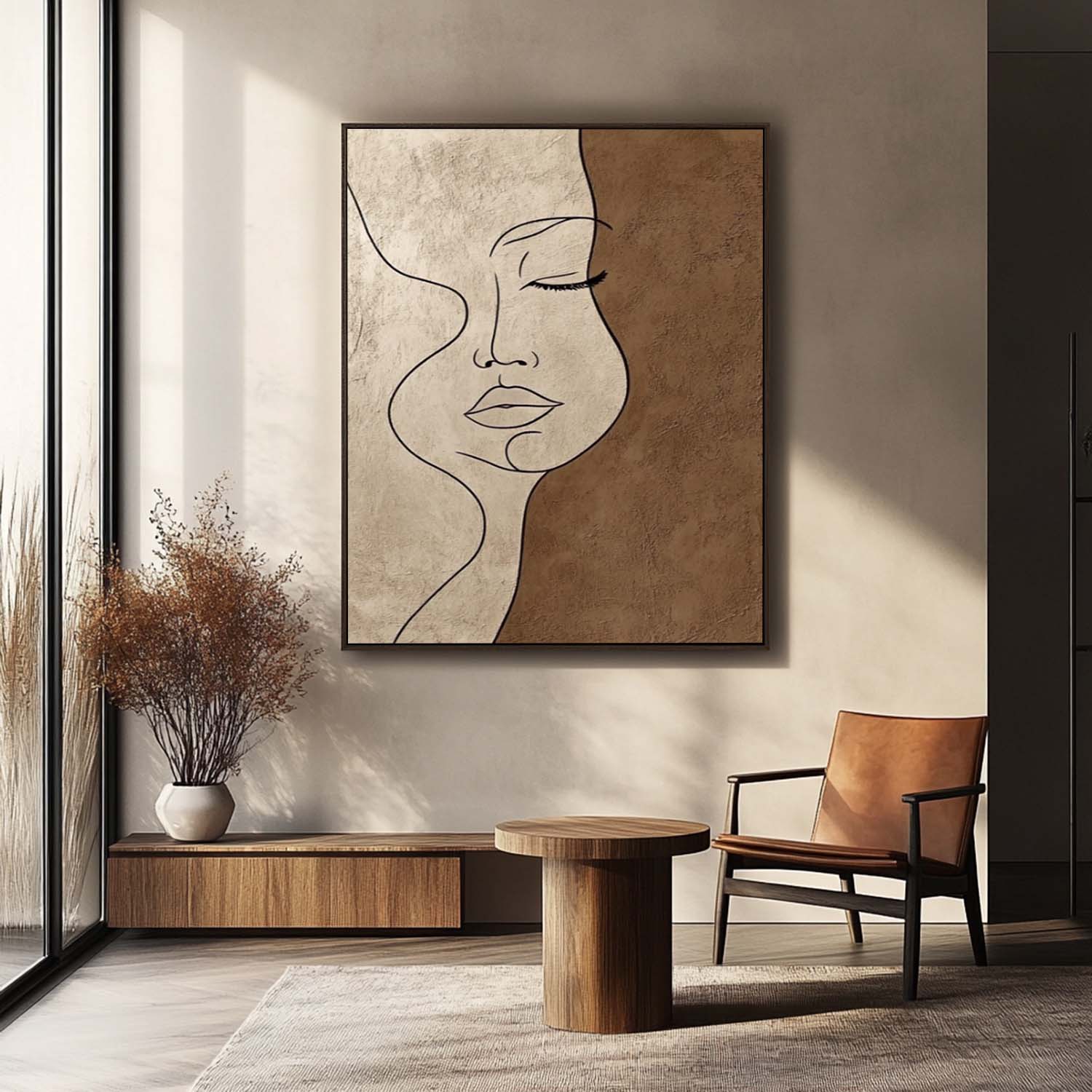 Brown Original Figure Acrylic Painting Large Women Face Abstract Wall Art Portrait Artwork Home Decor