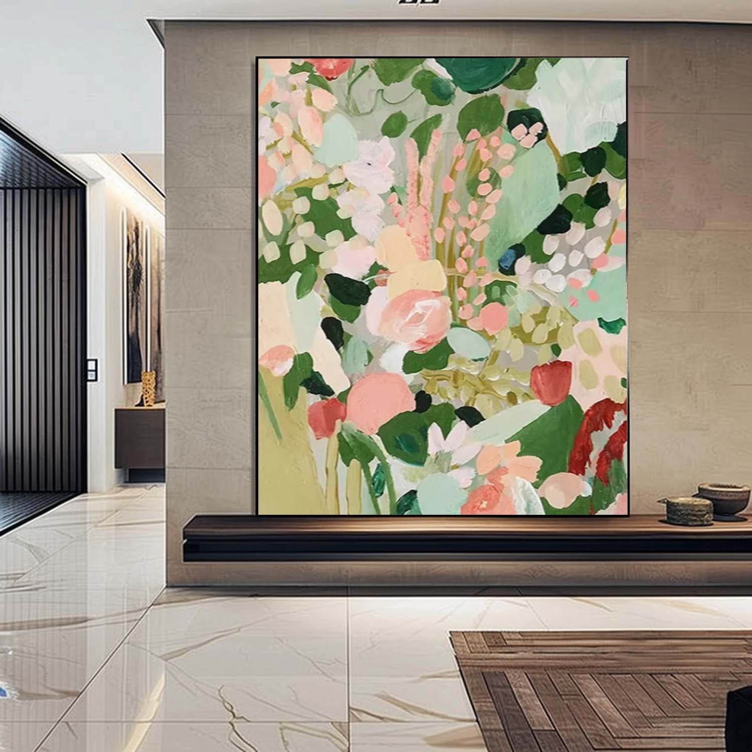 Original Abstract Floral Painting Green Flowers Acrylic Painting Canvas Large Textured Art For Living Room