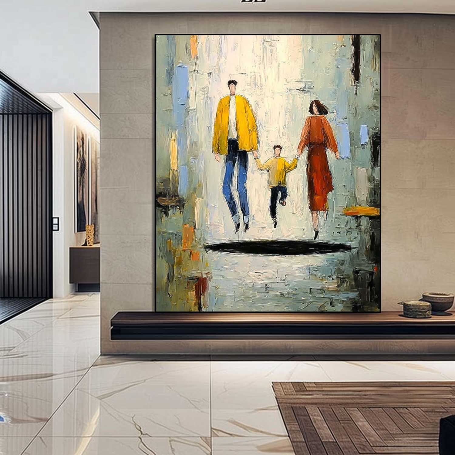 Minimalist Family Wall Art Modern City Silhouette Original Neutral Background Oil Painting Home Decor
