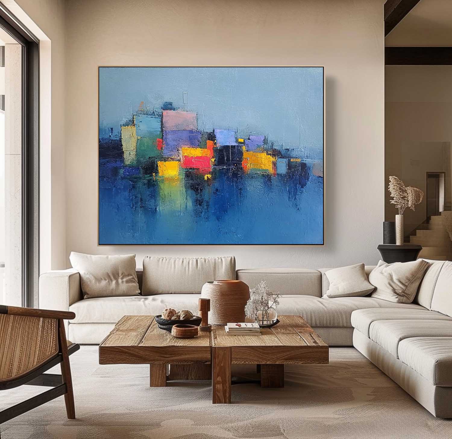 Modern Abstract Cityscape Oil Painting Large Texture Painting On Canvas Blue Wall Art Living Room Decor