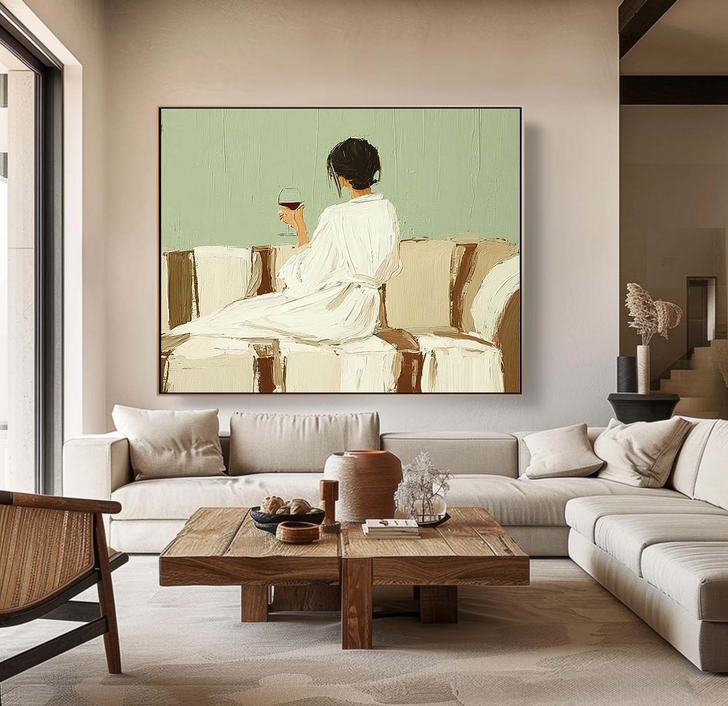 Abstract Lady Painting Canvas Figure Artwork Framed Original Wearing A Bathrobe Woman Wall Art