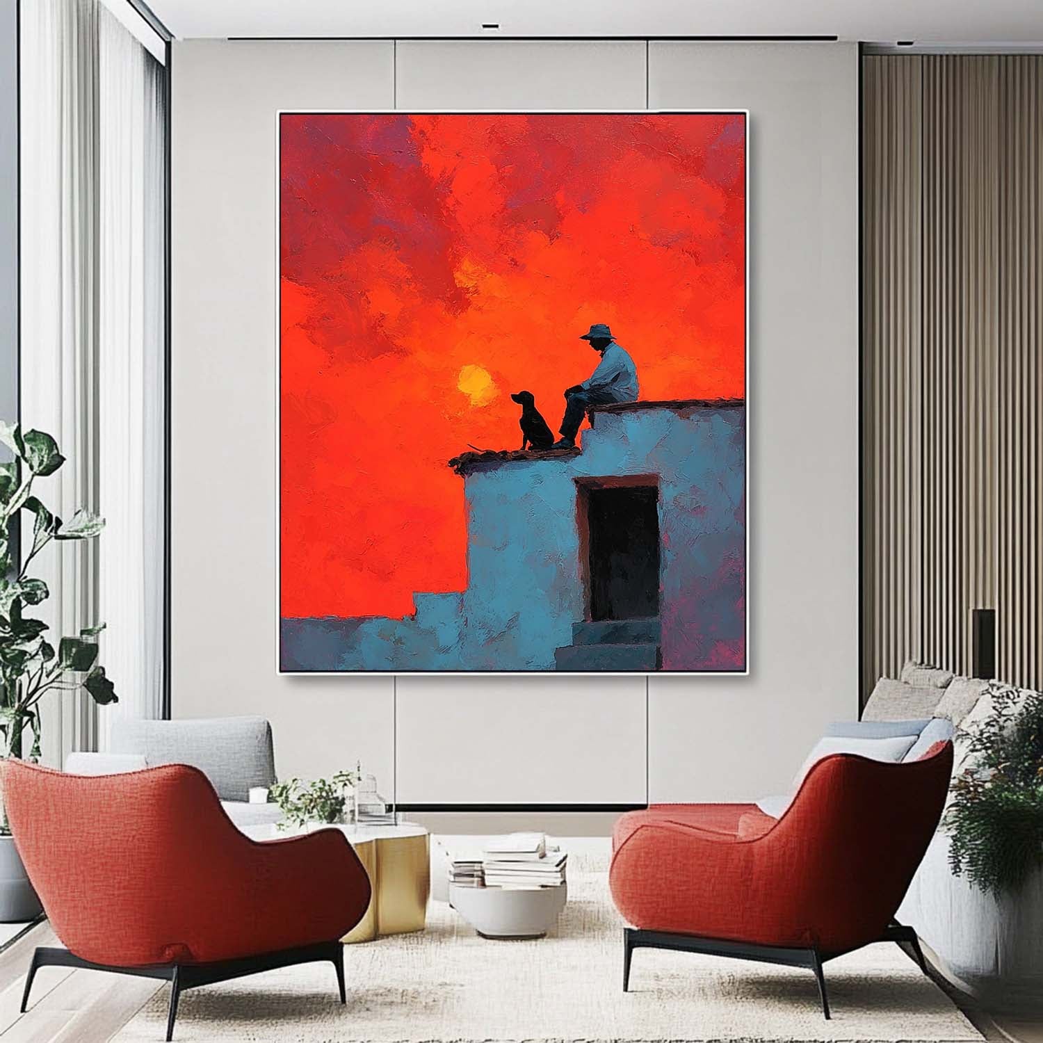 Vibrant Crimson Sunset Clouds Landscape Art Modern Impressionist Boy And Pet Canvas Modern Abstract Wall Decor
