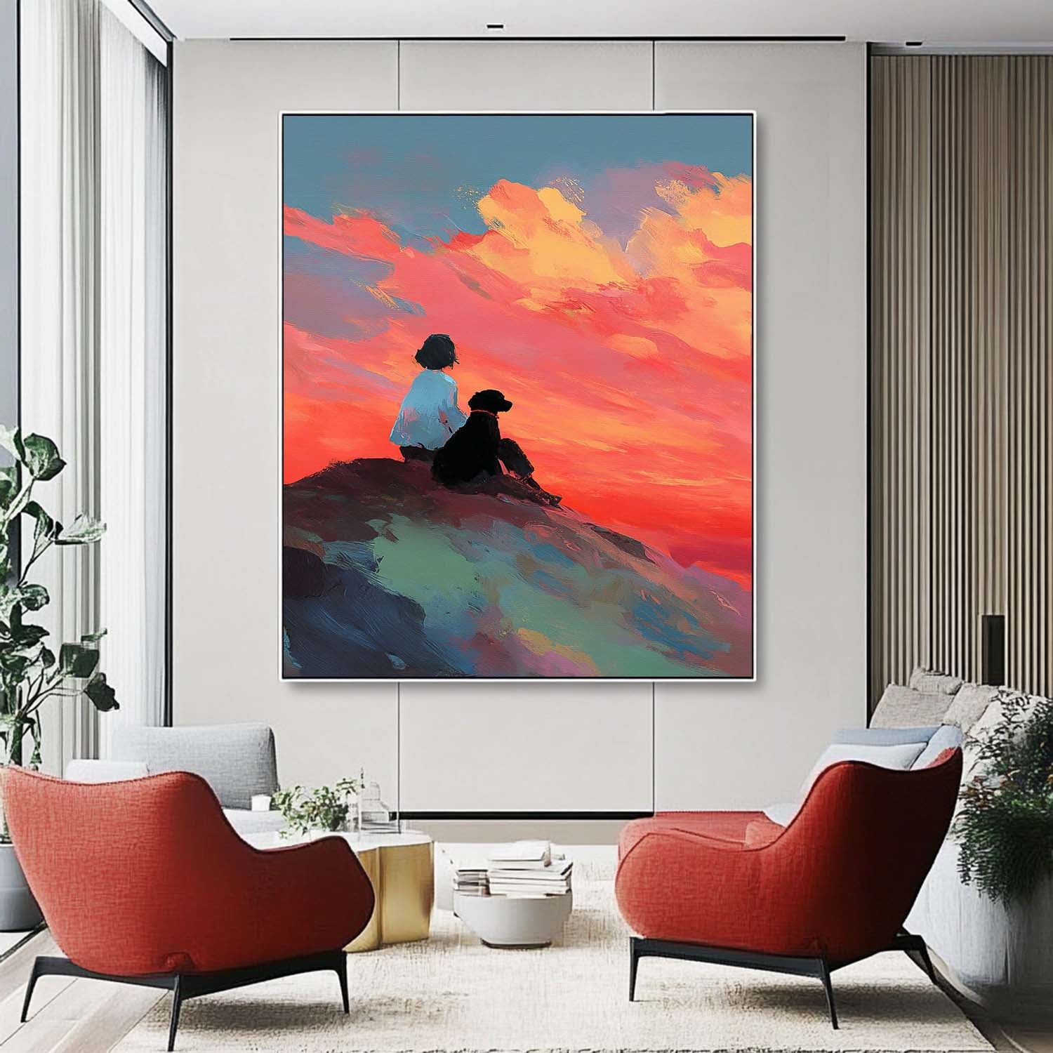 Abstract Sunset Wall Art Girl And Dog On Hilltop Contemporary Framed Painting Modern Impressionist Artwork