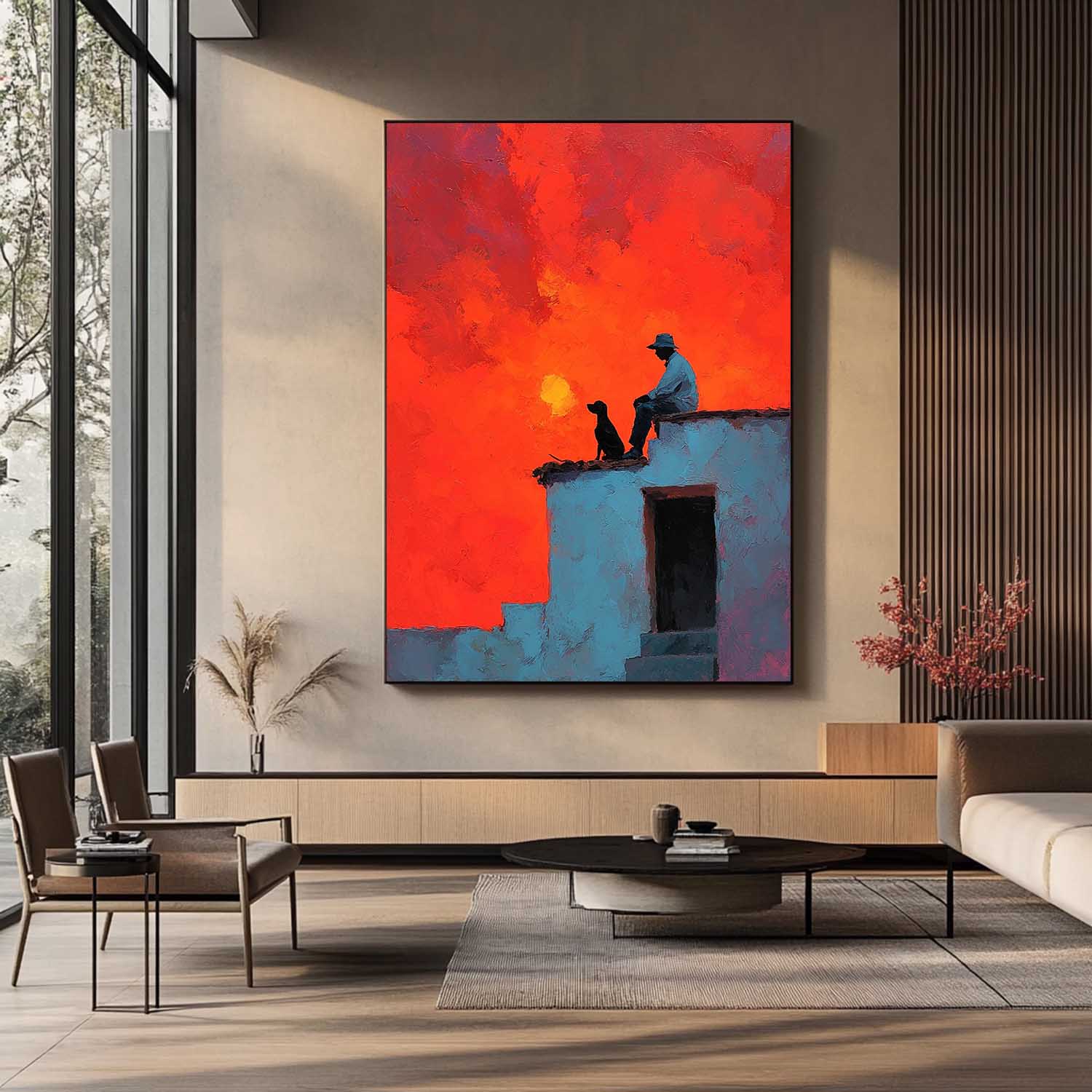 Vibrant Crimson Sunset Clouds Landscape Art Modern Impressionist Boy And Pet Canvas Modern Abstract Wall Decor