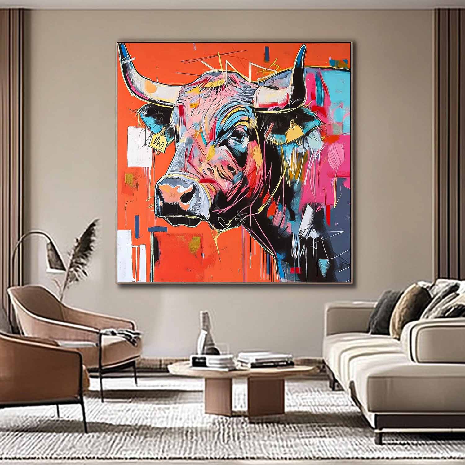 Original Lovely Cow Wall Art Large Colorful Animal Artwork Home Decor Square Ox Oil Painting Canvas