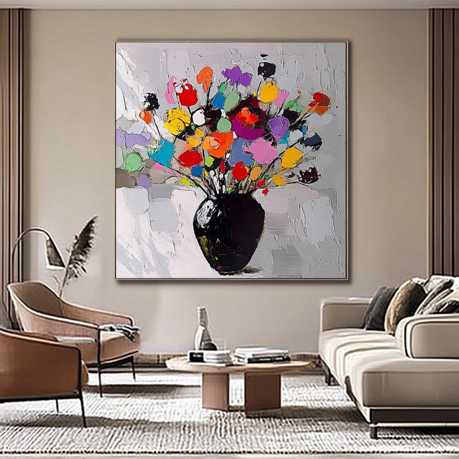 Large Color Handmade Wall Art Original Abstract Flower Vase Artwork Floral Texture Painting On Canvas