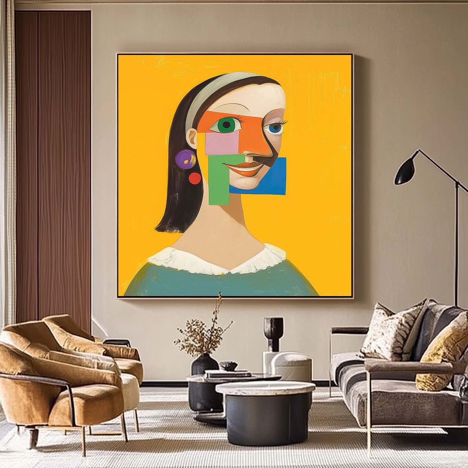 Origina Woman Acrylic Painting Canvas Abstract Geometric Face Lady Wall Art Square Large Girl Artwork