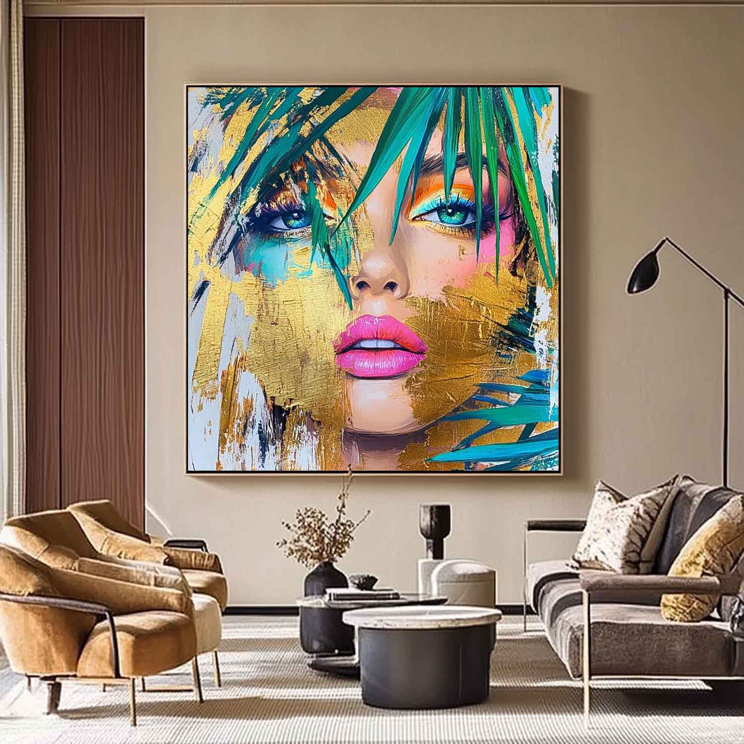 Origina Lady Face Acrylic Painting Canvas Gold Girl Abstract Wall Art Square Large Portrait Artwork