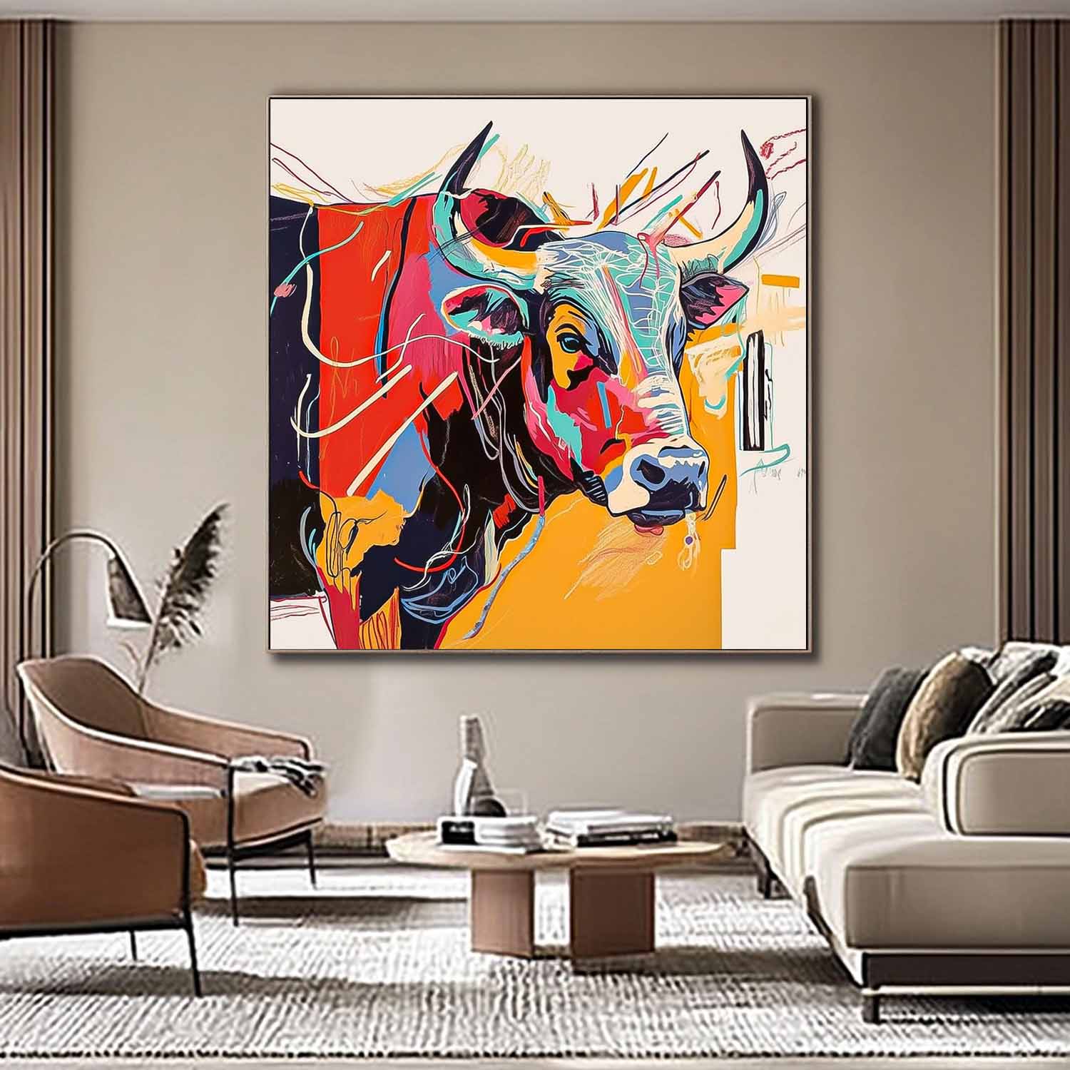 Large Colorful Animal Artwork Home Decor Square Ox Oil Painting Canvas Original Lovely Cow Wall Art