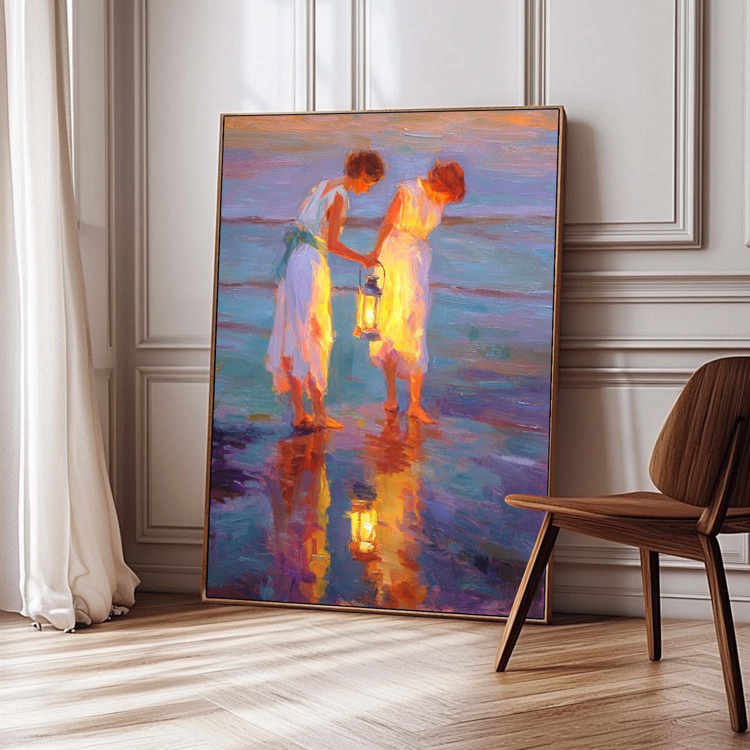 Vintage Glow & Water Reflections Wall Art Coastal Oil Painting Two Women With Lanterns By Sea Shore At Dusk