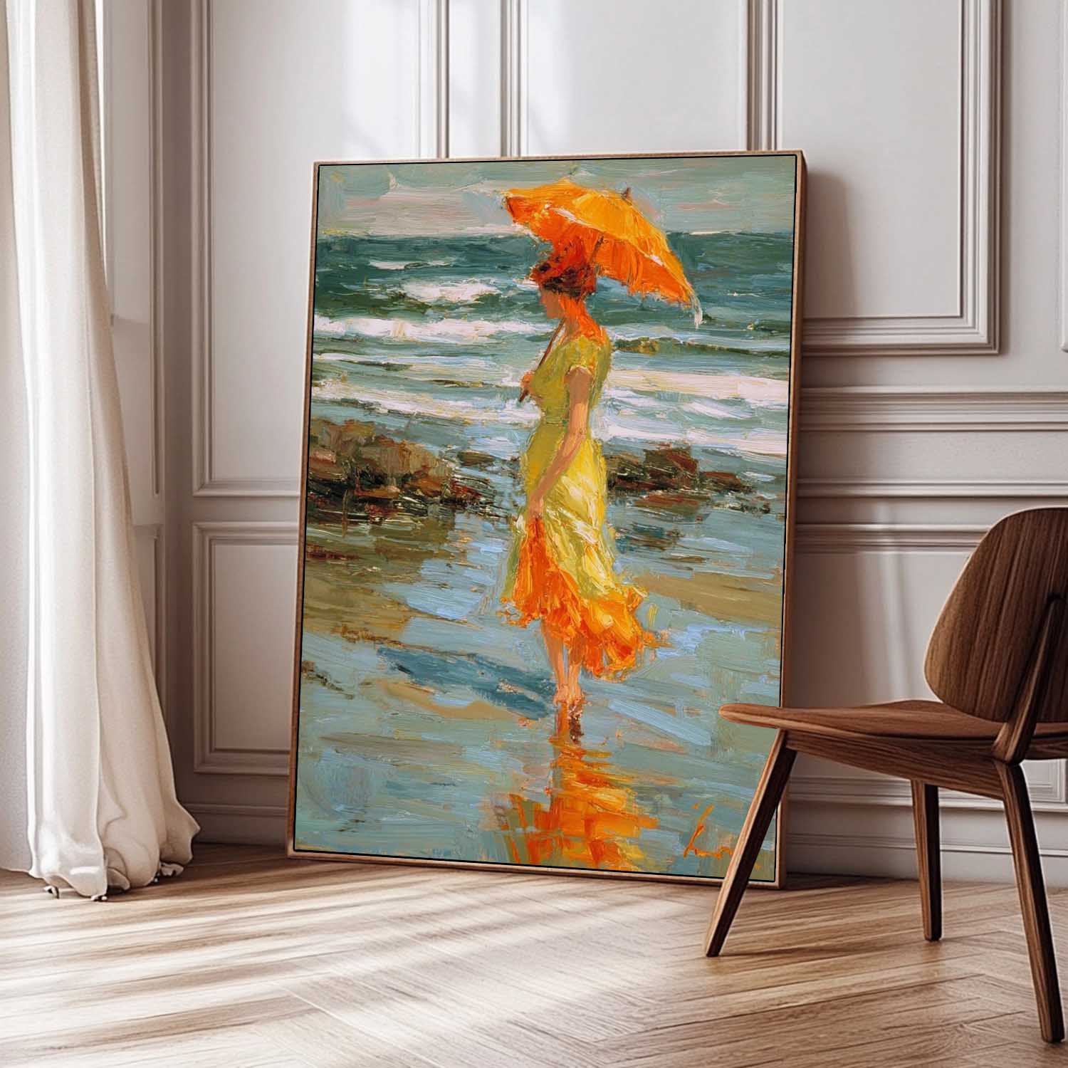 Original Handmade Art Elegant Woman In A Flowing Green Dress Painting Large Retro Unique Artwork Decor