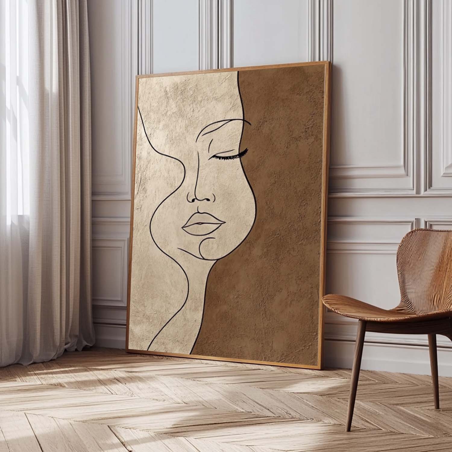 Brown Original Figure Acrylic Painting Large Women Face Abstract Wall Art Portrait Artwork Home Decor