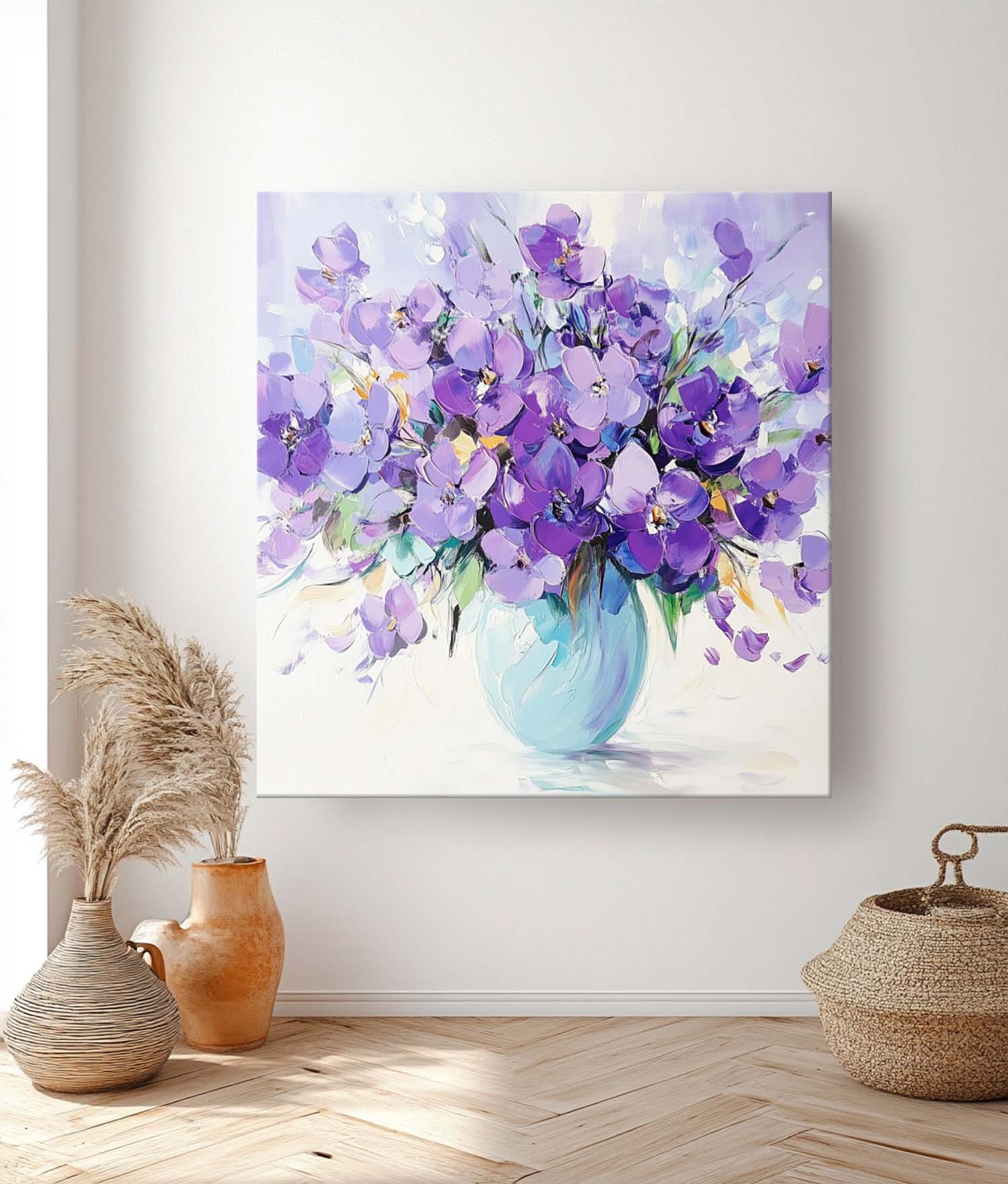 Large Purple Textured Flower Painting Modern Floral Wall Art Original Exquisite Vase Art For Living Room