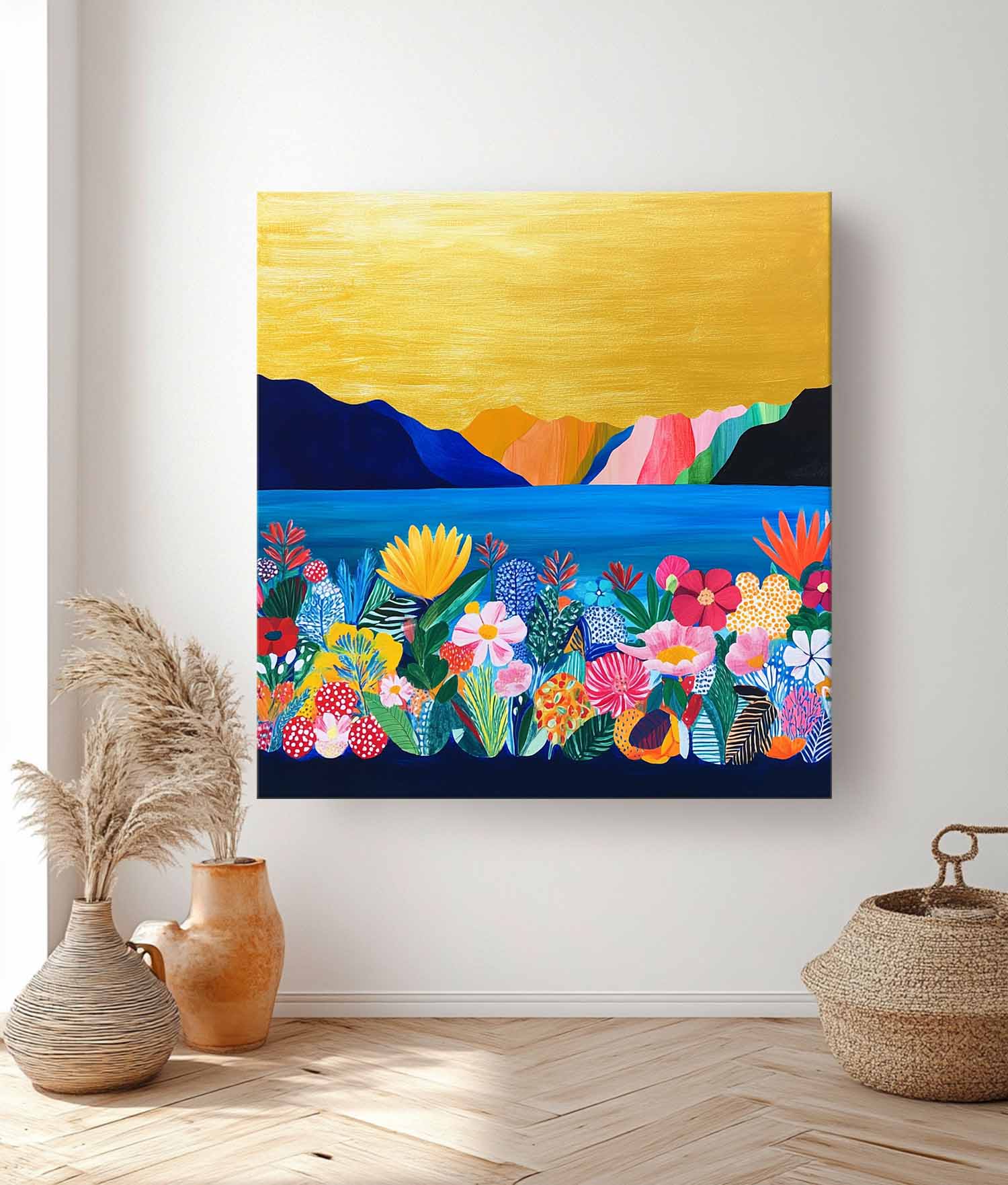 Floral Painting on Canvas Large Illustration style Wall Art Original Flower Bush Botanical Square Artwork