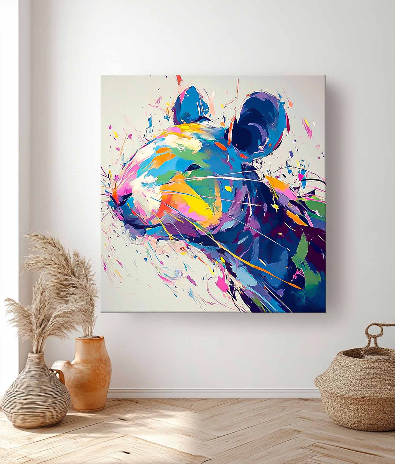 Square Mouse Oil Painting Canvas Original Lovely Rat Wall Art Large Colorful Animal Artwork Home Decor