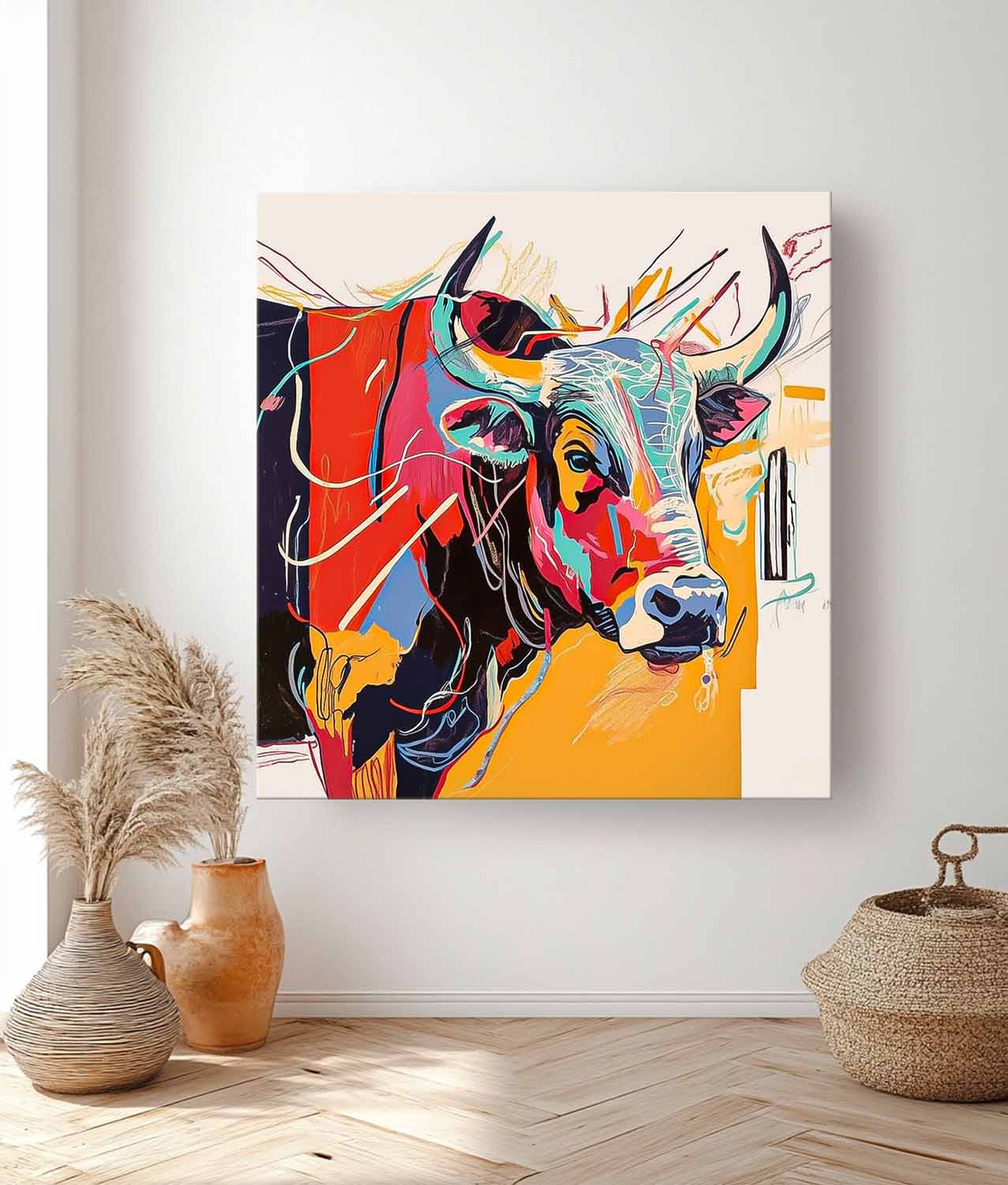 Large Colorful Animal Artwork Home Decor Square Ox Oil Painting Canvas Original Lovely Cow Wall Art