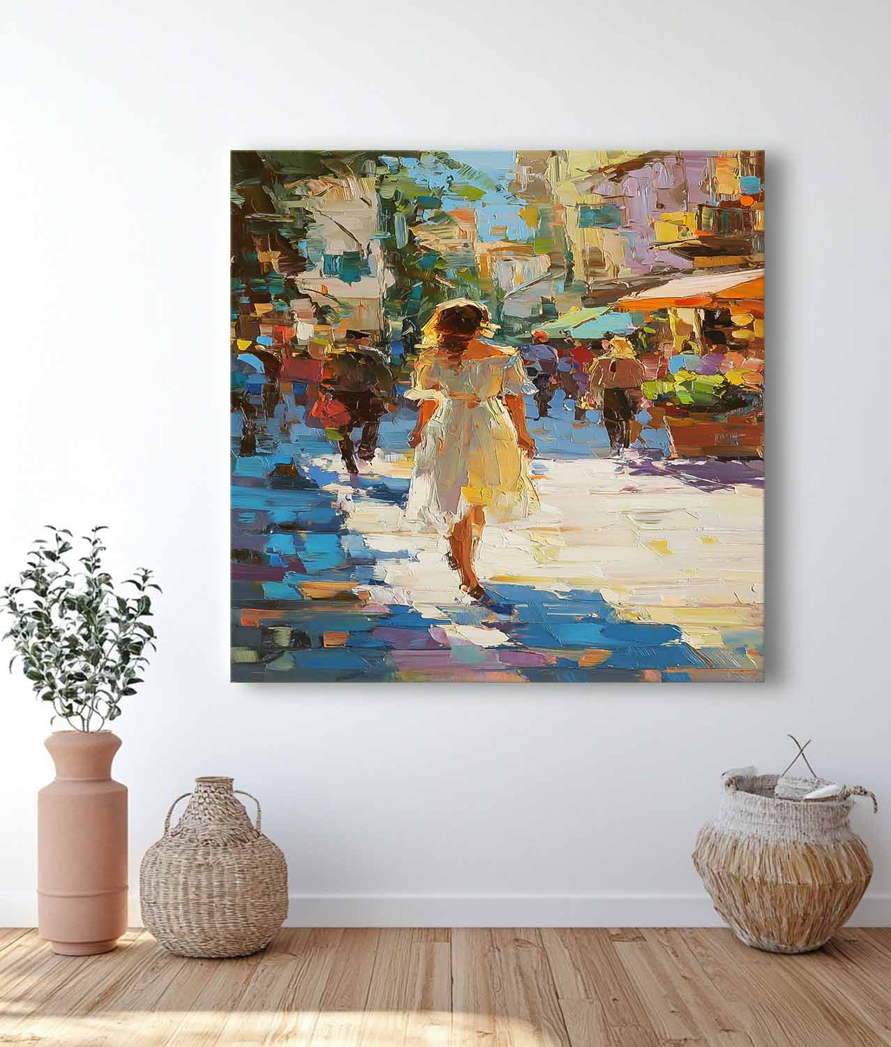 Colorful Impressionist Street Scene Oil Painting Original Artwork City Street Market Scene For Living Room