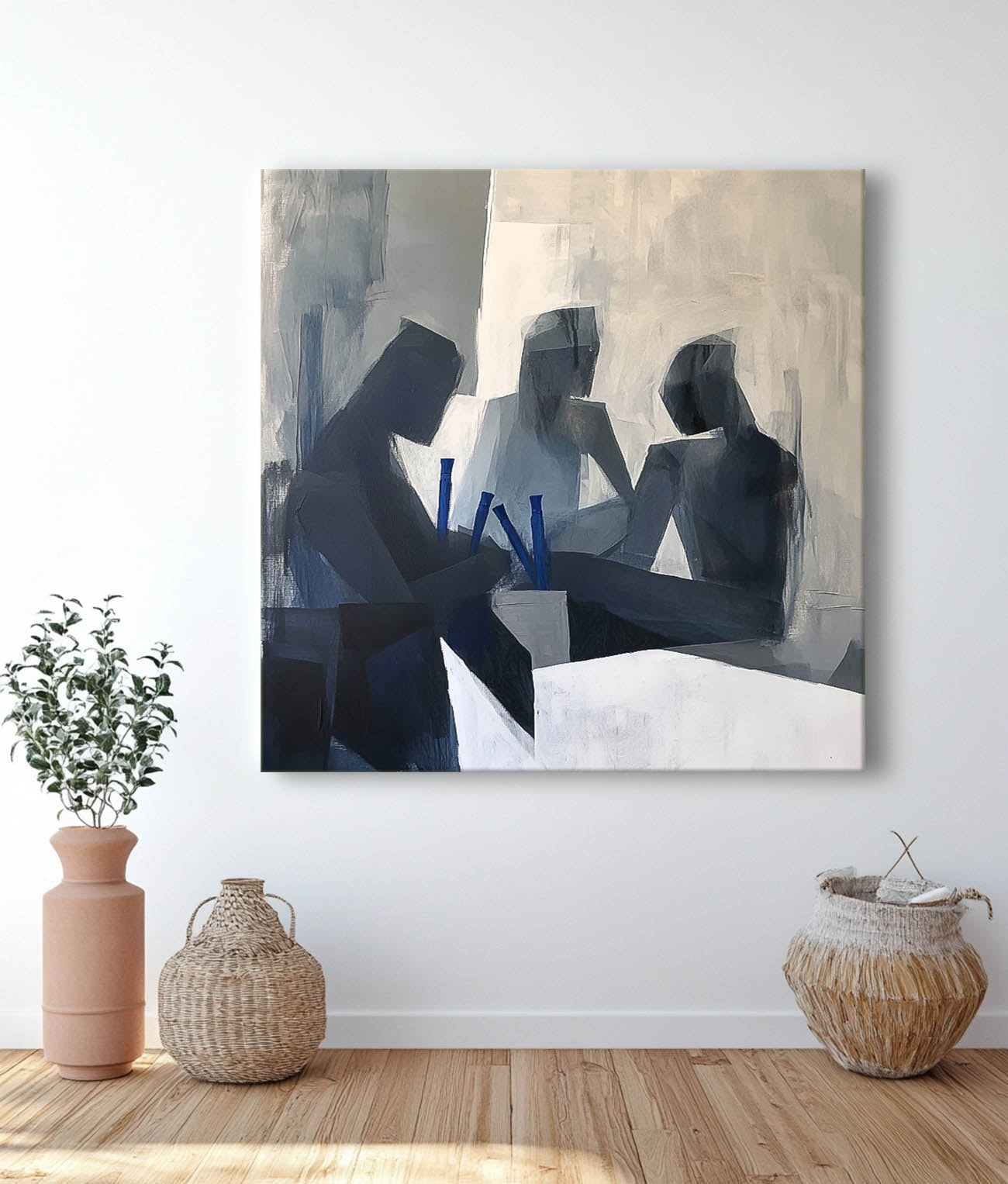 Original Grey Figure Acrylic Painting Canvas Abstract Wall Art Square Large Portrait Contour Artwork