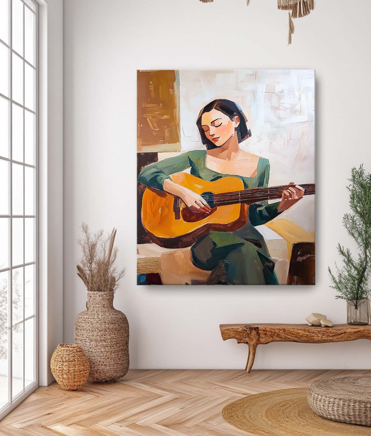 Original Texture Girl Playing Guitar Wall Art Portrait Modern Artwork Abstract Woman Oil Painting On Canvas