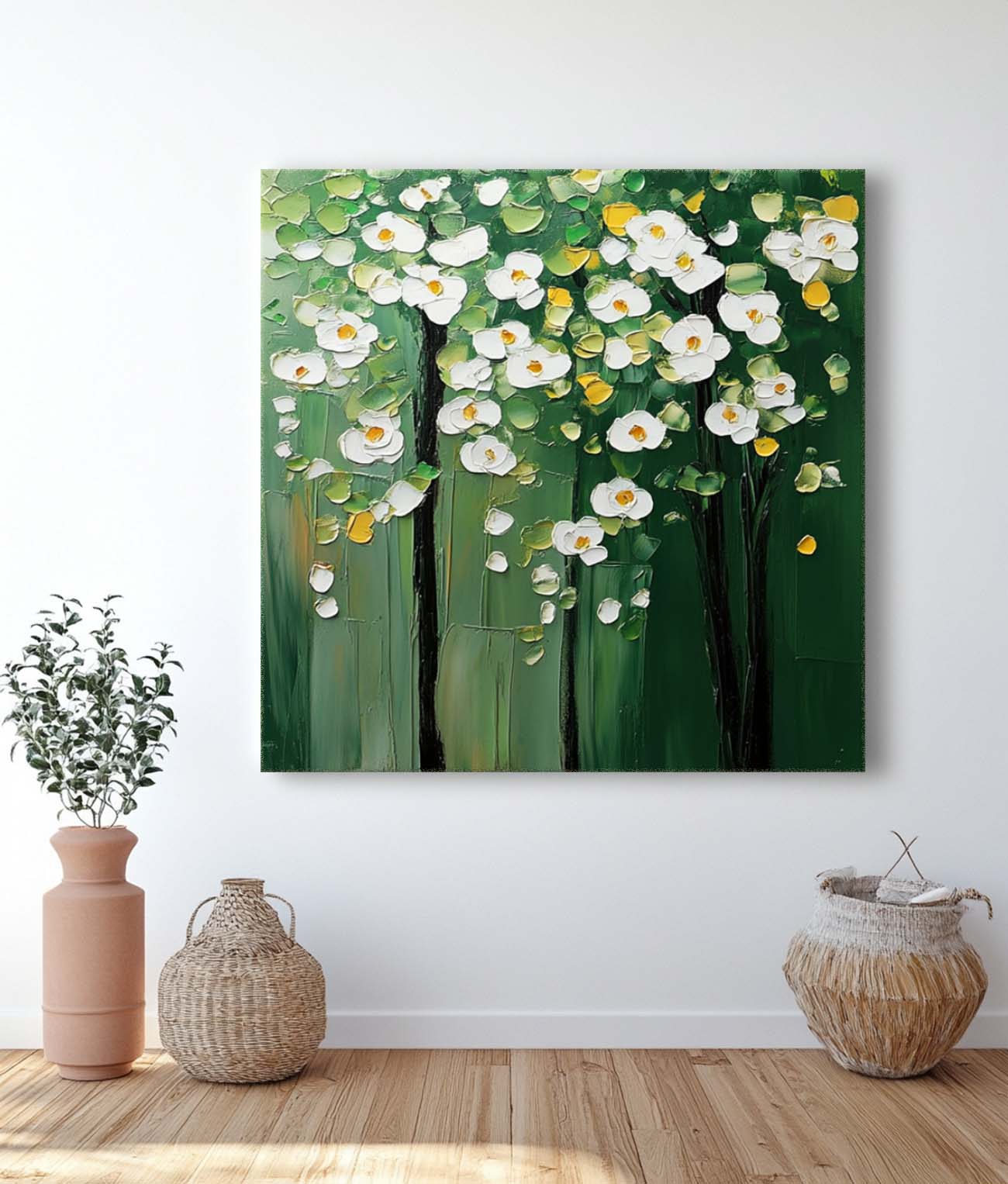 Modern White Floral Wall Art Original Green Beautifu Art Large Textured Flower Painting Framed Home Decor