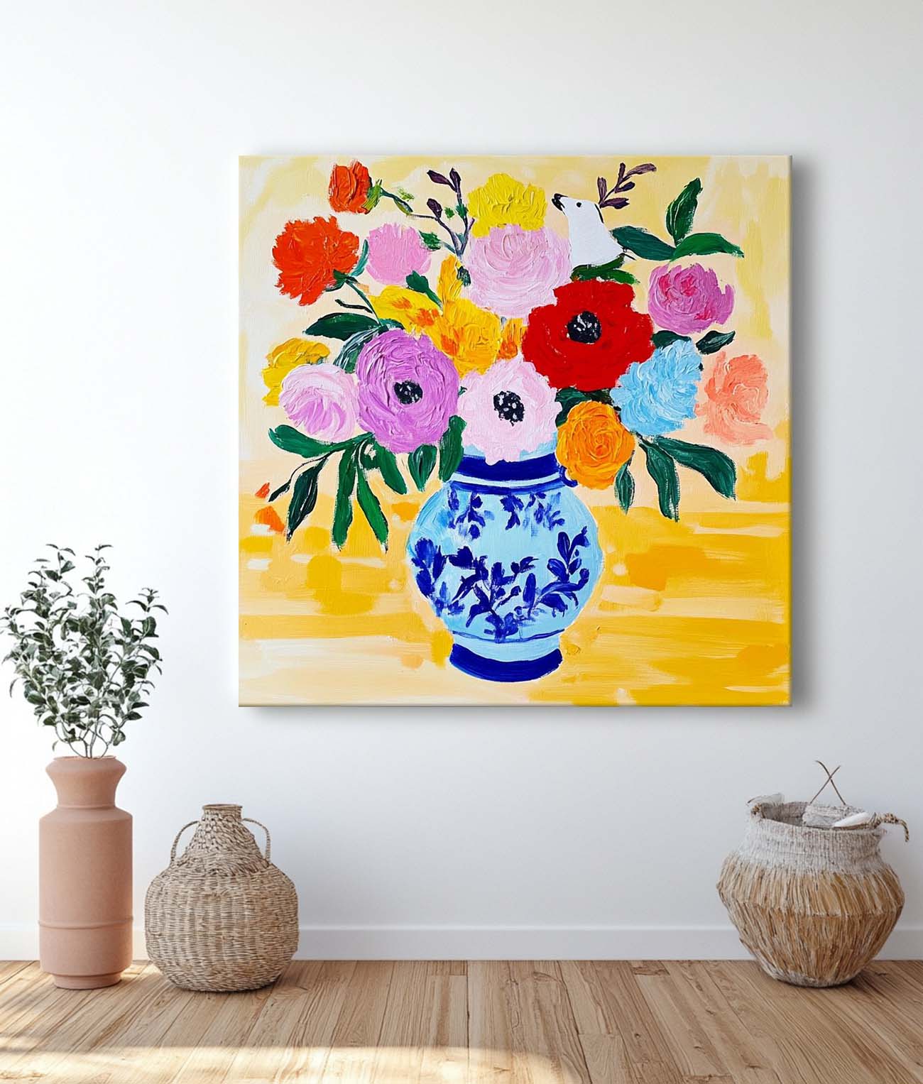 Floral Texture Painting on Canvas Original Flower Square Vase Artwork Large Illustration style Wall Art