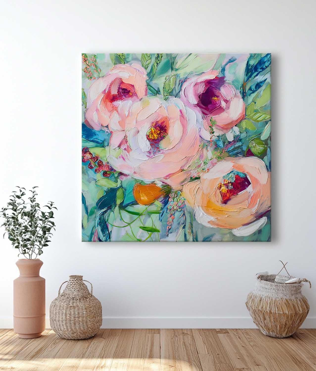 Large Botanical Acrylic Painting Canvas Original Floral Artwork Square Abstract Flowers Art Home Decor