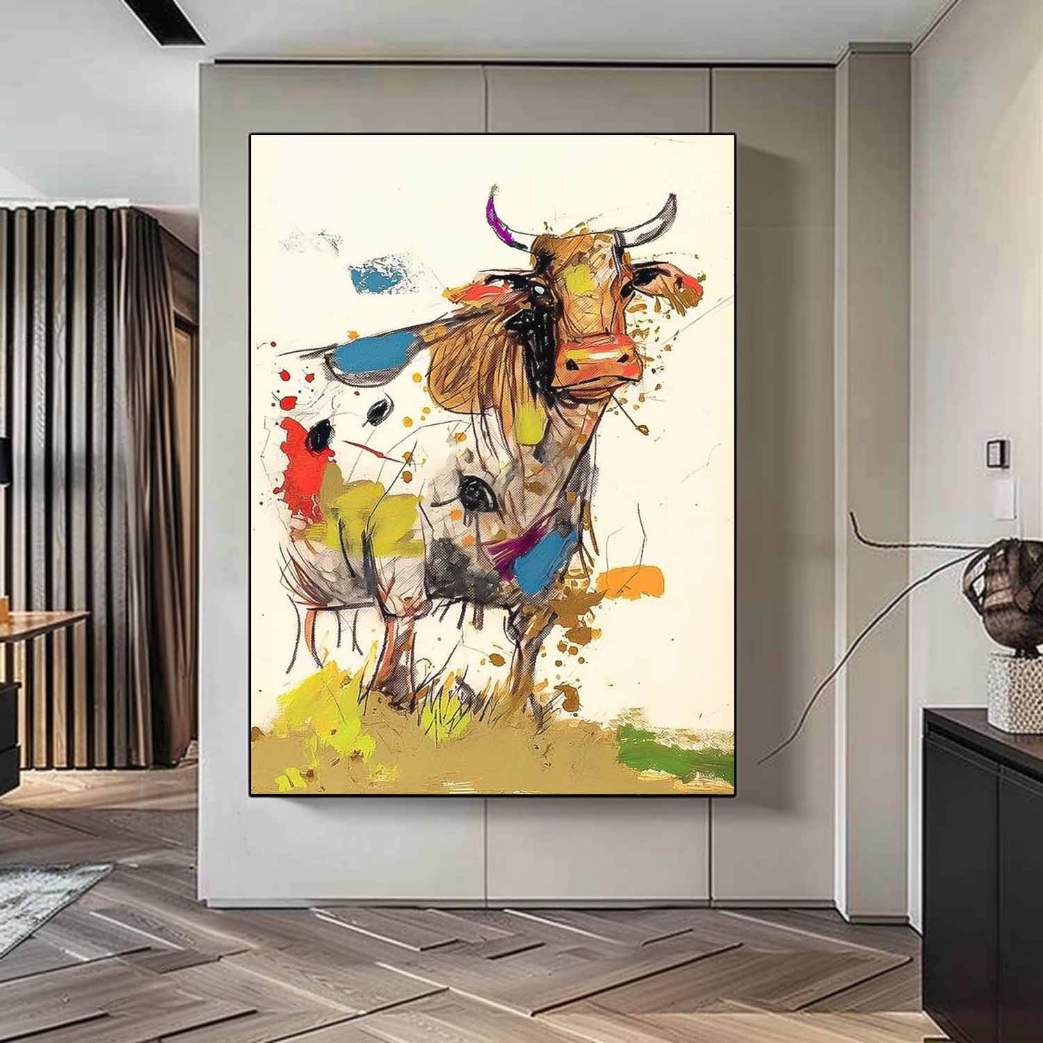 Modern Colorful Cow Abstract Wall Art Minimalism Animal Oil Painting Large Ox Acrylic Painting Home Decor