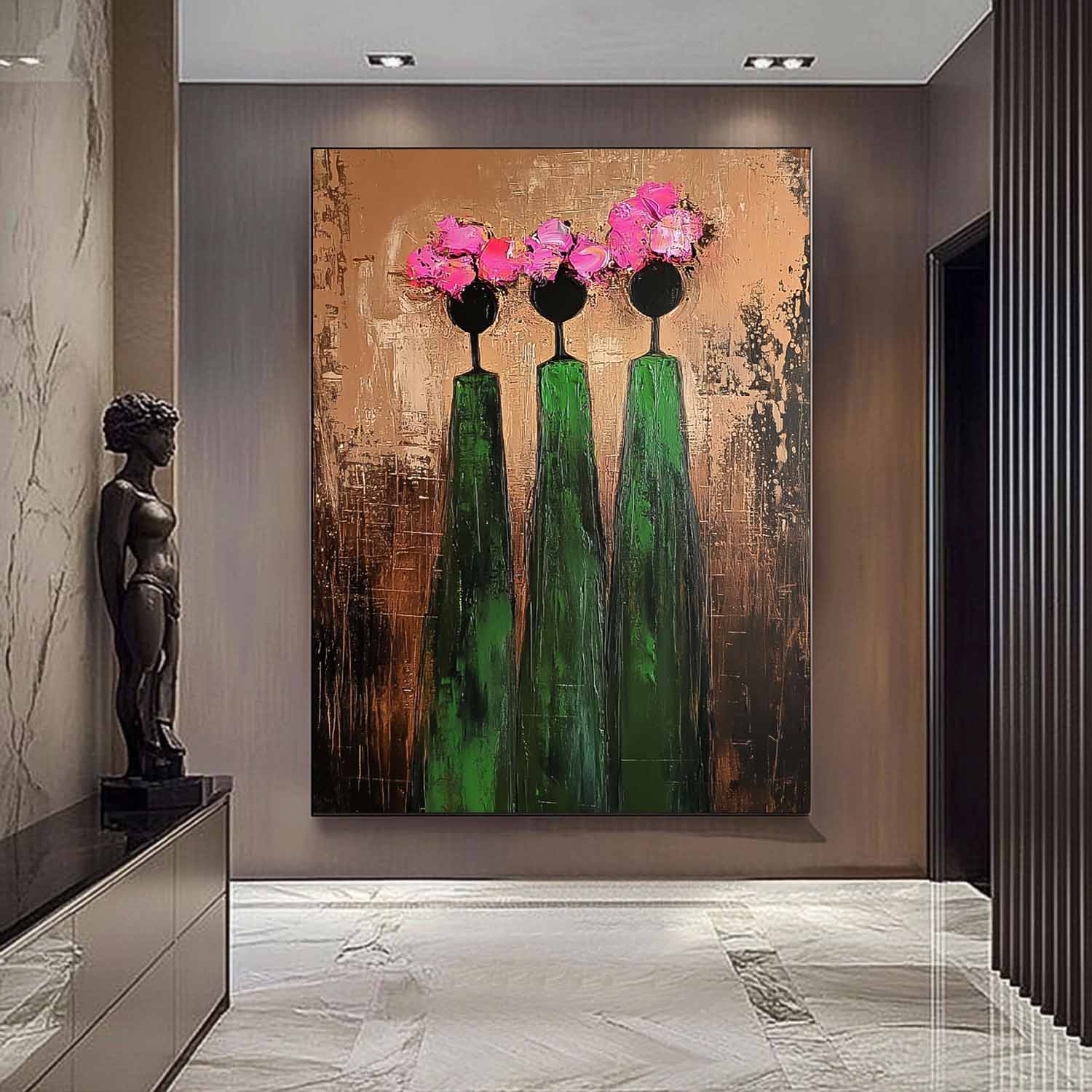 Pink And Green Modern People Silhouette Wall Art Original Retro Painting Abstract Simple Characters Artwork