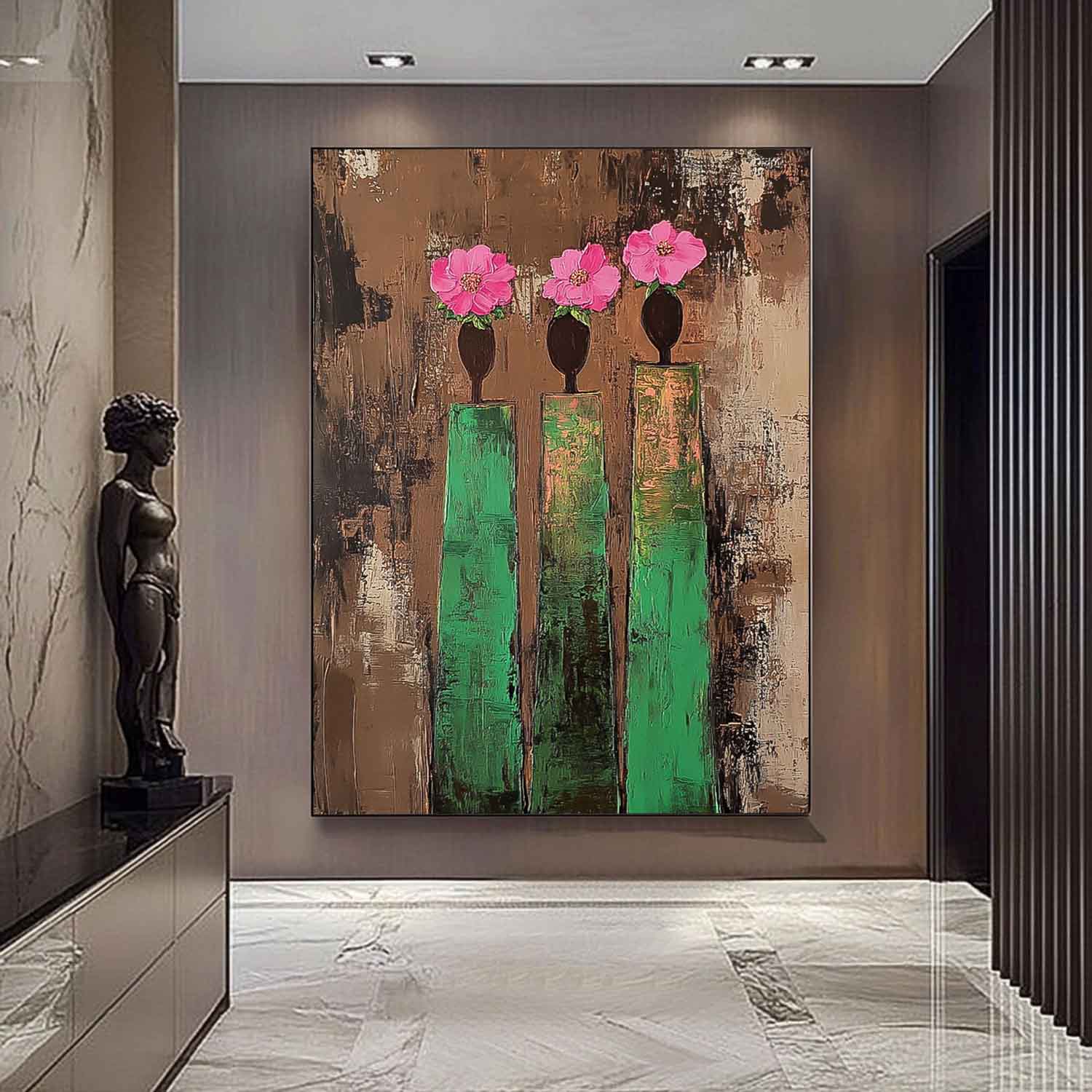 Original Retro Painting Pink And Green Modern People Silhouette Wall Art Abstract Simple Characters Artwork
